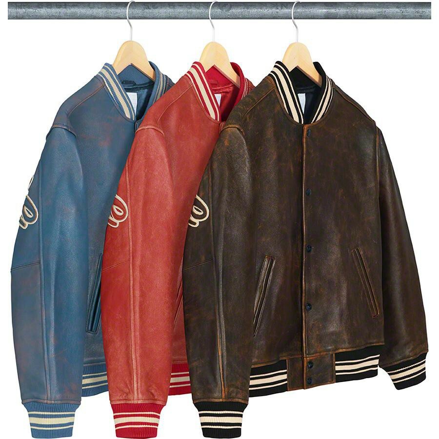 SUPREME LEATHER VARSITY JACKET 背面草寫字 皮革外套 藍/紅-SS19J33