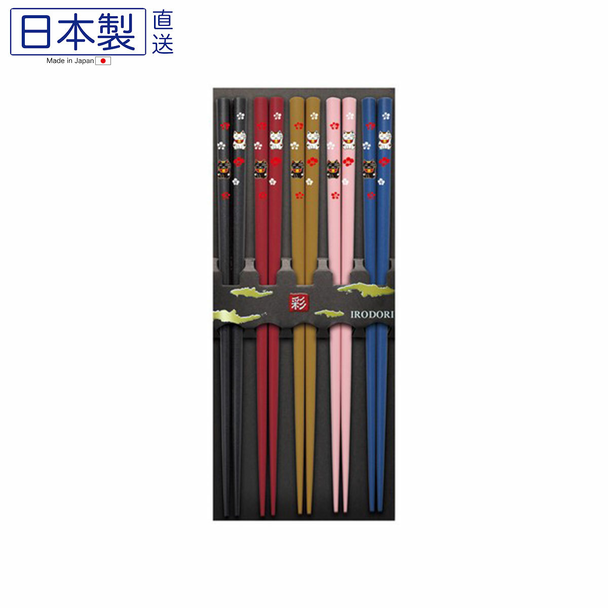 日式乾漆福招財貓天然木筷子 (5對入) (日本製)