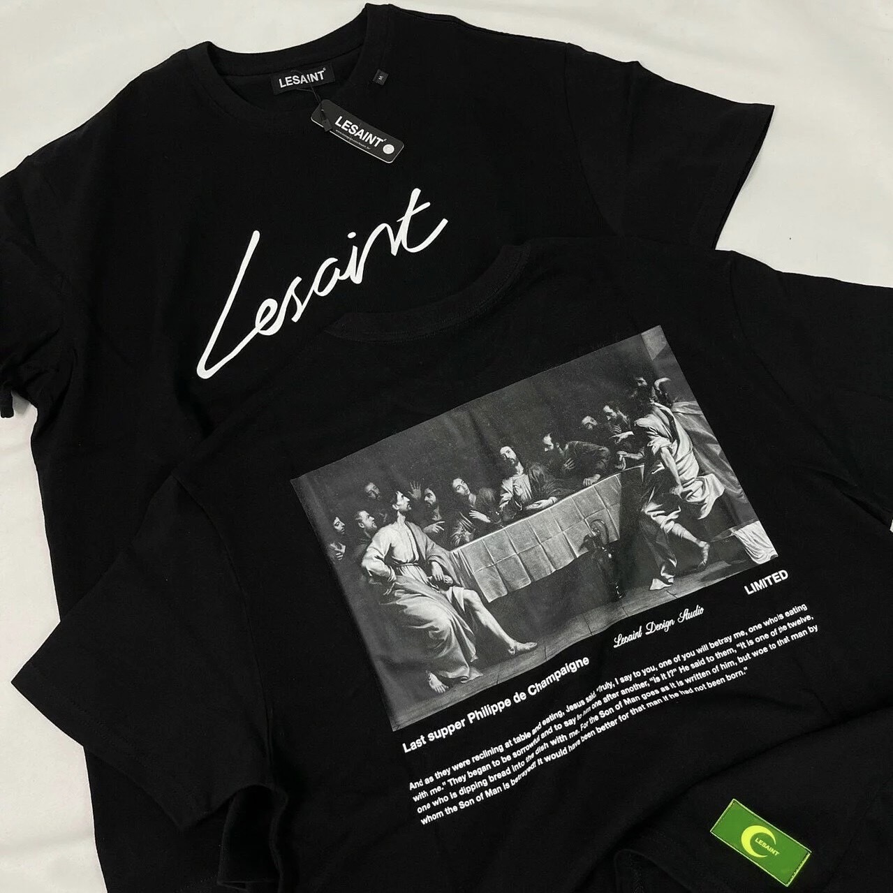 LESAINT 最後的晚餐 宗教油畫 草寫字體Logo 黑灰 短袖 韓國品牌