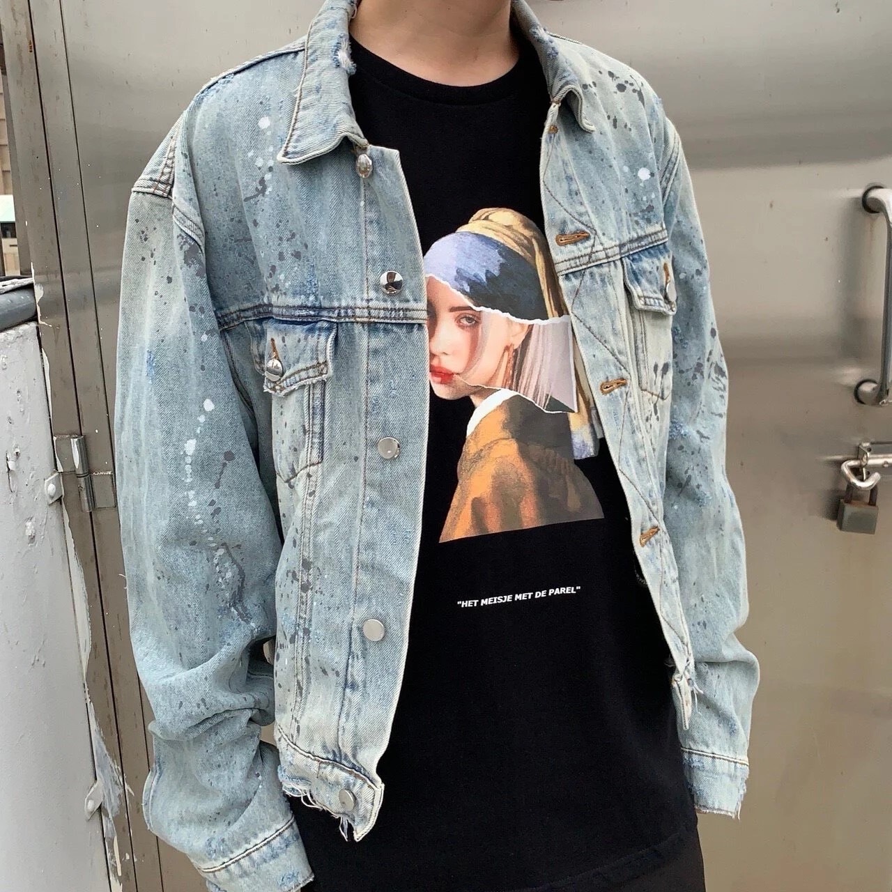 LESAINT 海油畫珍珠耳環少女 短袖 韓國品牌