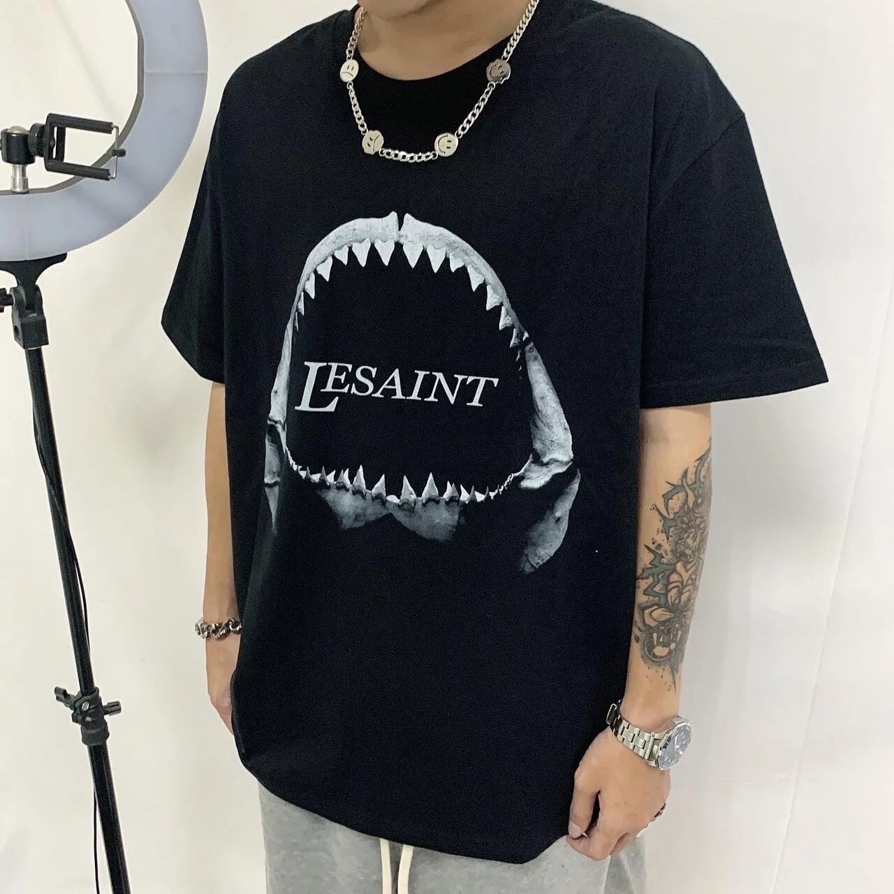 LESAINT 鯊魚牙 化石 黑灰 短袖 韓國品牌