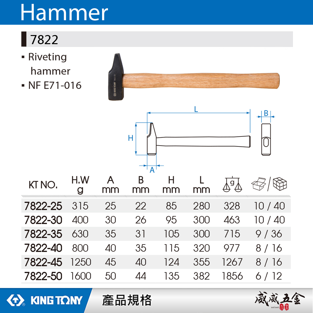 KING TONY 金統立 台灣製｜木柄槌 合金鋼鉚釘鎚 鉗工鎚 ｜7822-25 30 35 40 45 50