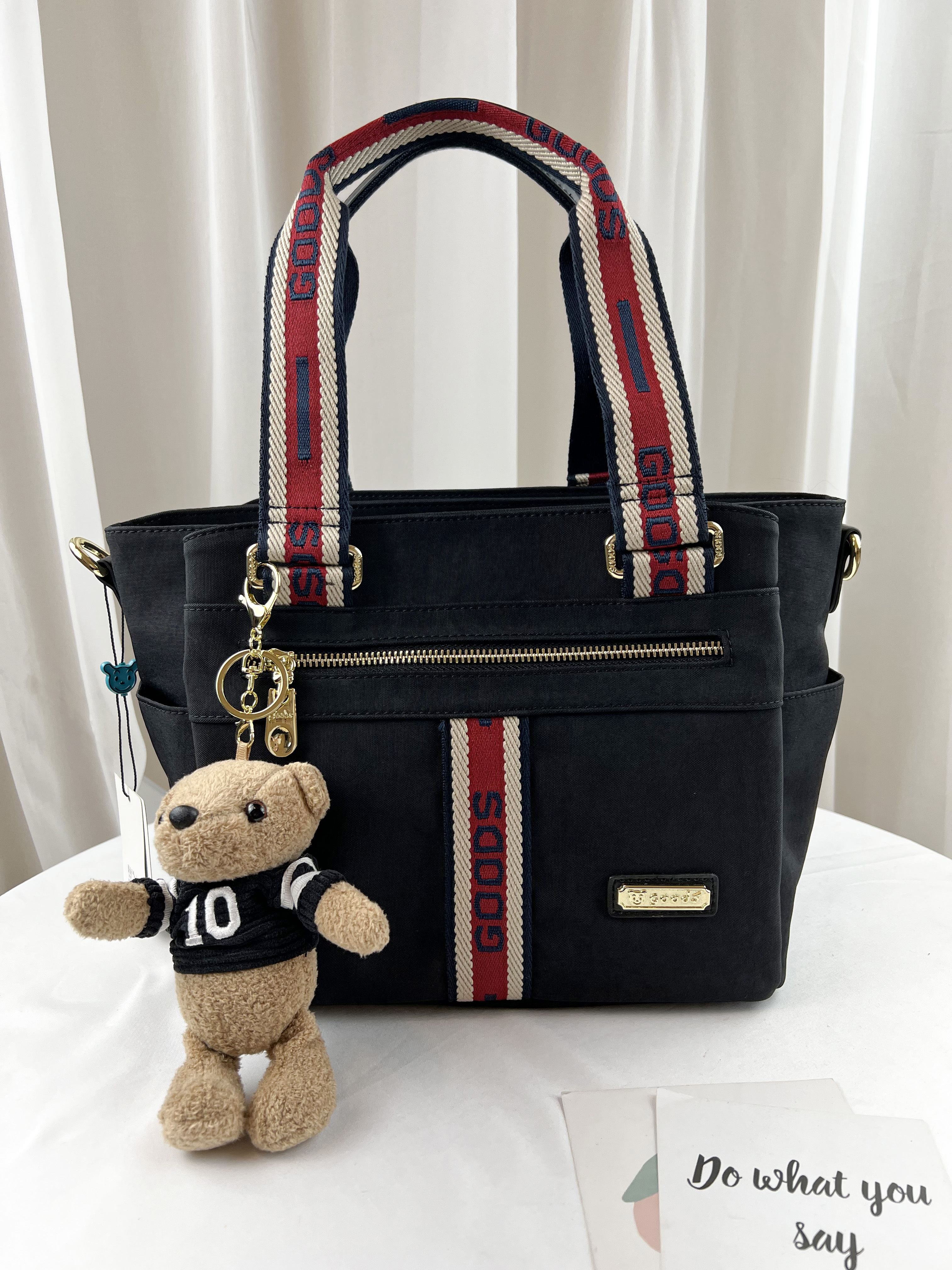 GOODS 織帶黑 防潑水手提包 / 側背包 附小熊吊飾 #2776