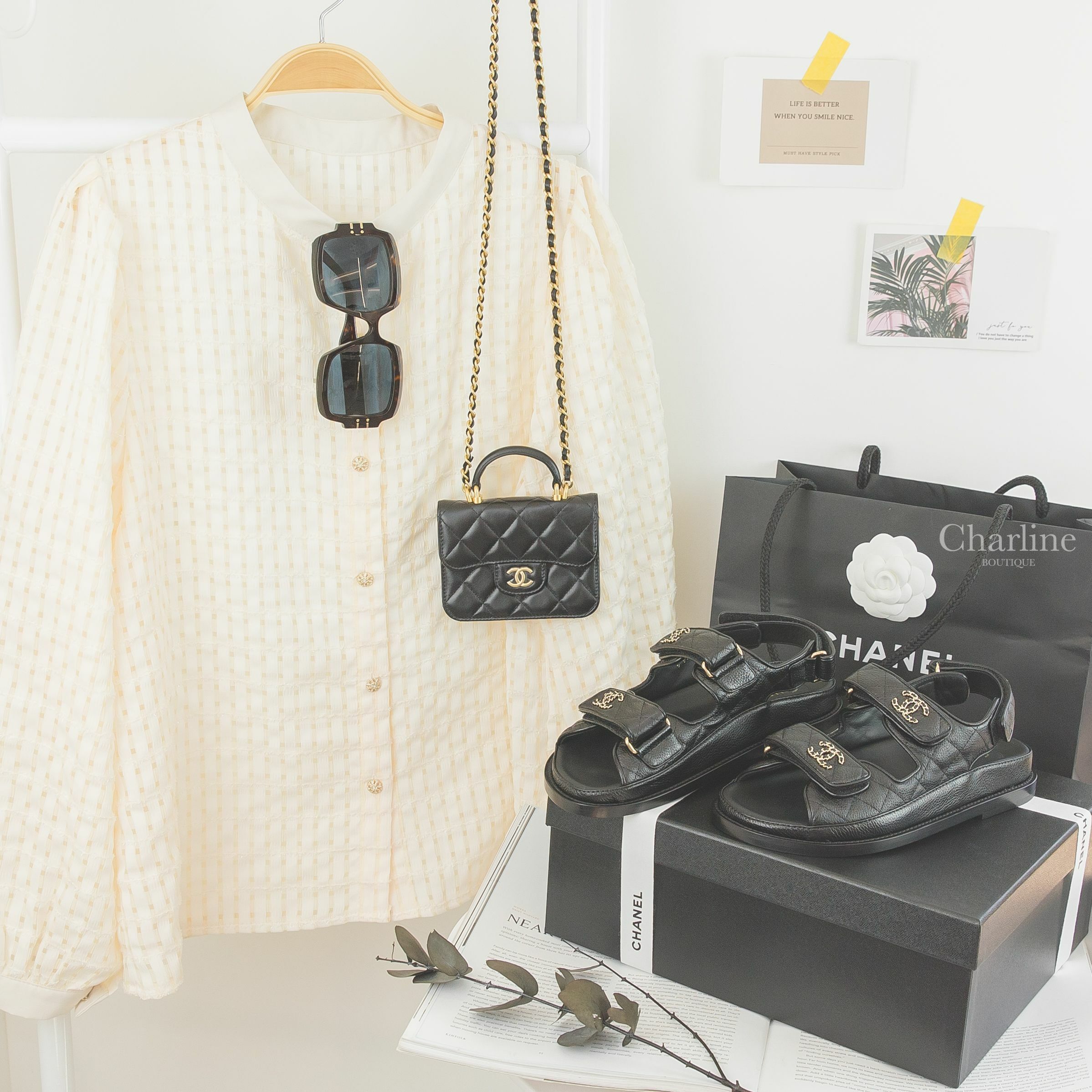 Chanel Sandal 黑色金CC皮穿鍊魔鬼氈荔枝菱格紋涼鞋,Chanel Coin Purse 黑色金鍊金CC羊皮菱格紋手提肩背包,Dior Sunglasses 棕色玳瑁方框藍色鏡片太陽眼鏡-Charline Boutique 精品代購