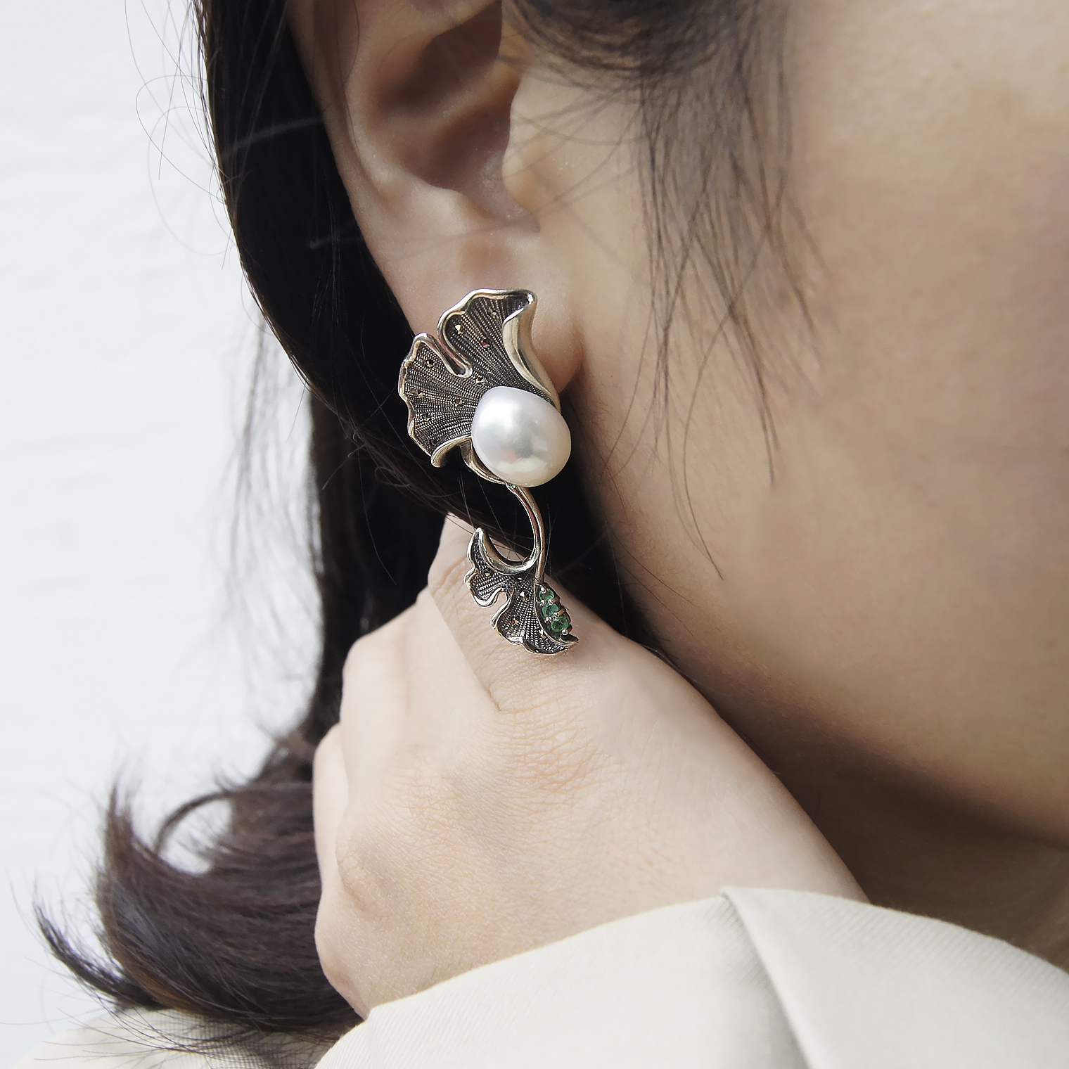 銀杏祖母綠耳環（OP0956）