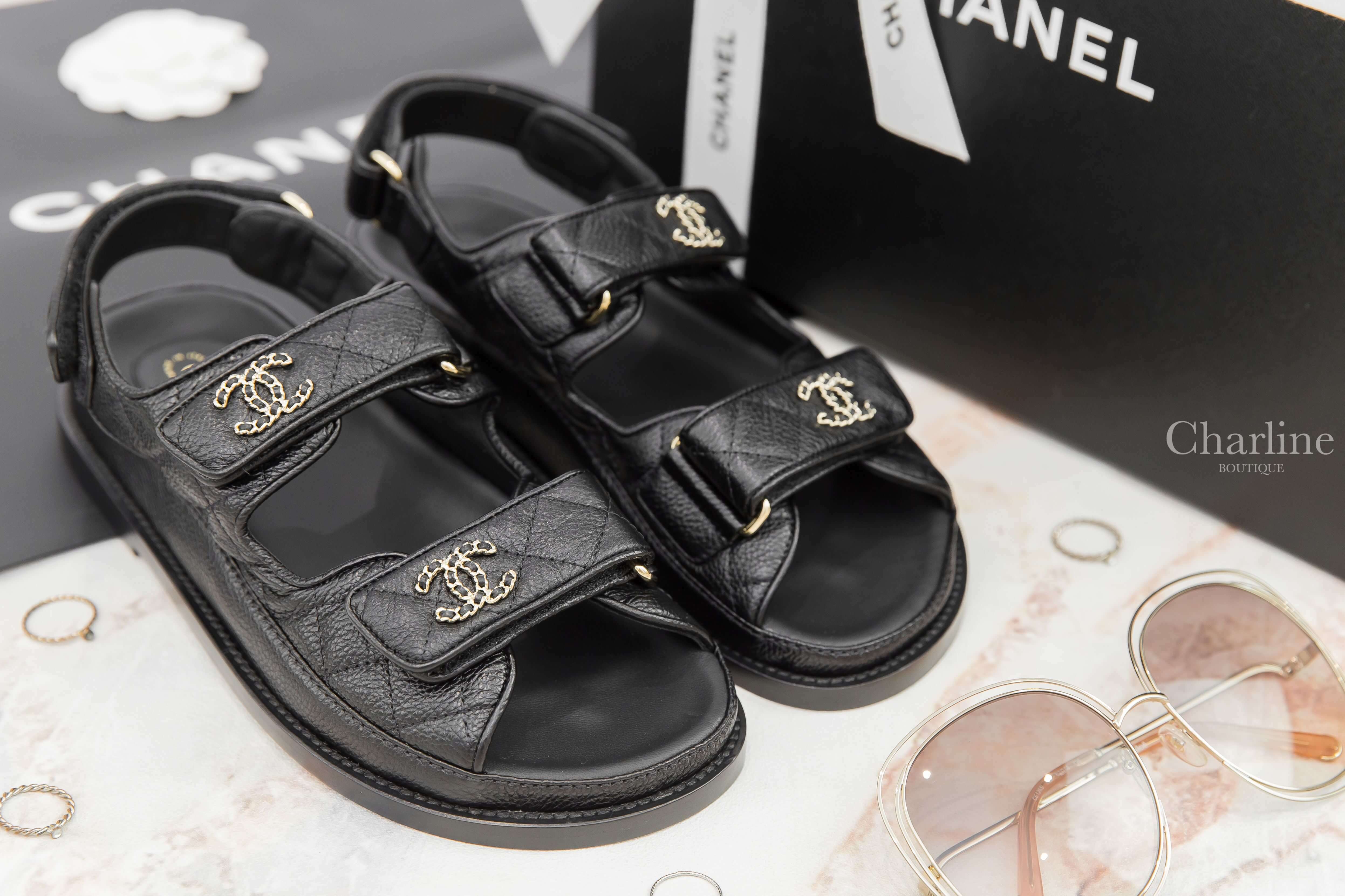 Chanel Sandal 黑色金CC皮穿鍊魔鬼氈荔枝菱格紋涼鞋