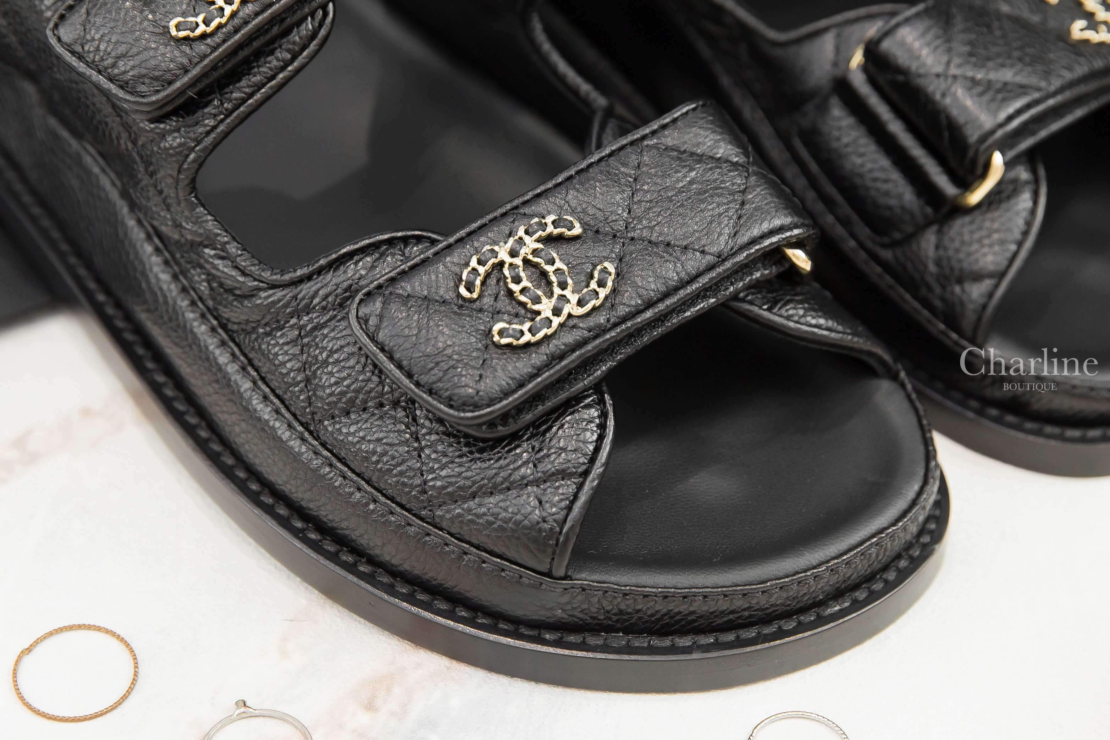 Chanel Sandal 黑色金CC皮穿鍊魔鬼氈荔枝菱格紋涼鞋