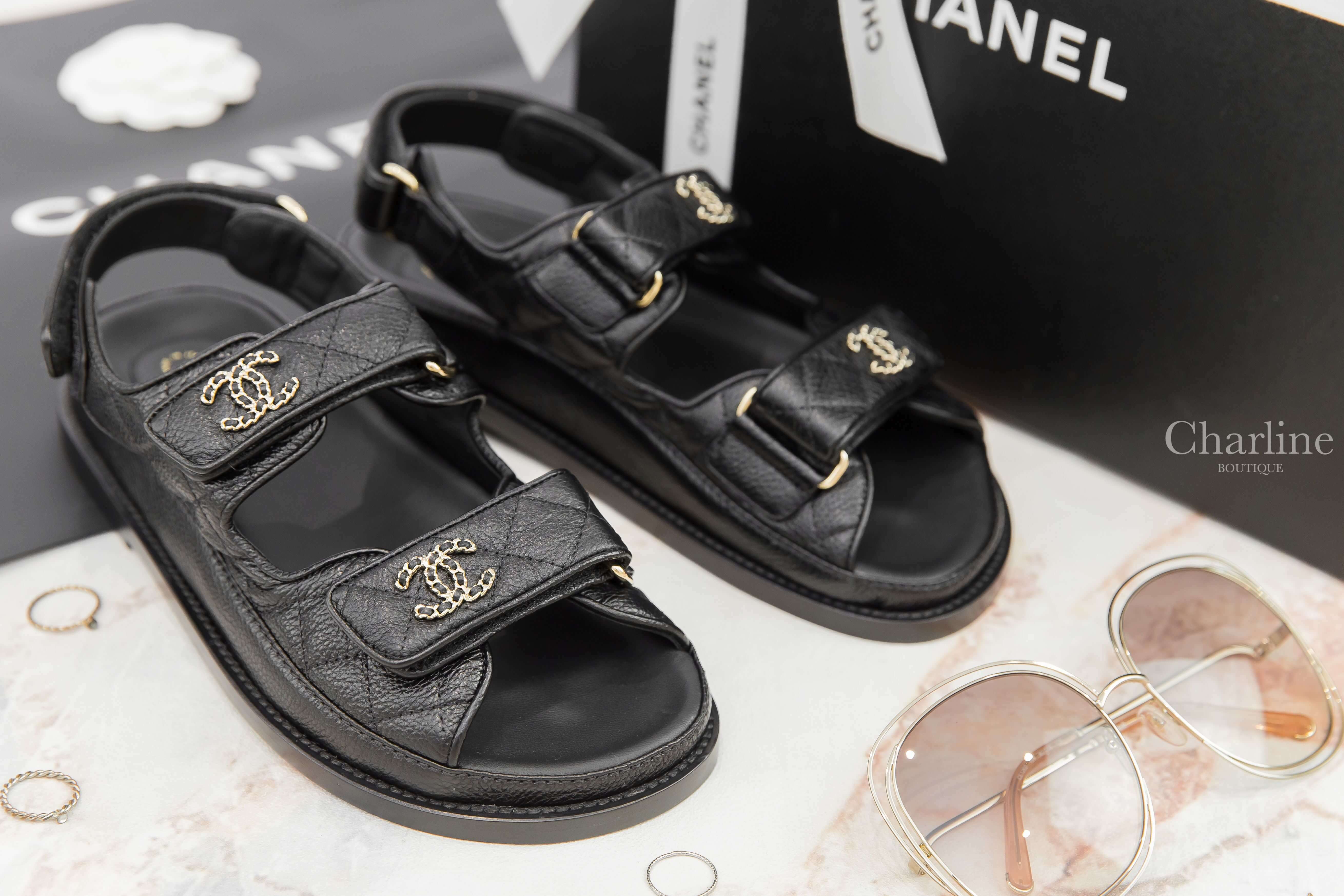 Chanel Sandal 黑色金CC皮穿鍊魔鬼氈荔枝菱格紋涼鞋-Charline Boutique 精品代購
