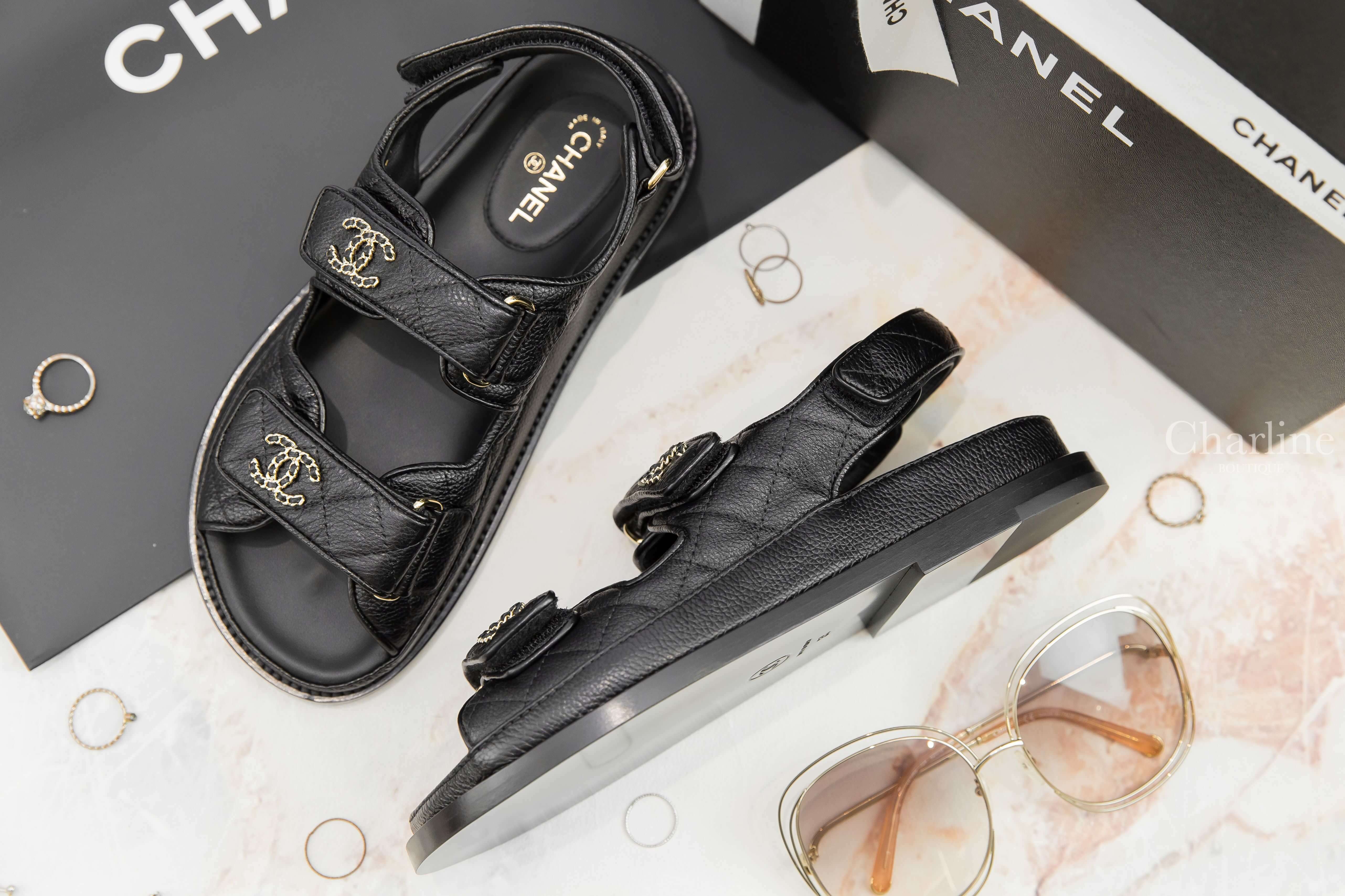 Chanel Sandal 黑色金CC皮穿鍊魔鬼氈荔枝菱格紋涼鞋-Charline Boutique 精品代購