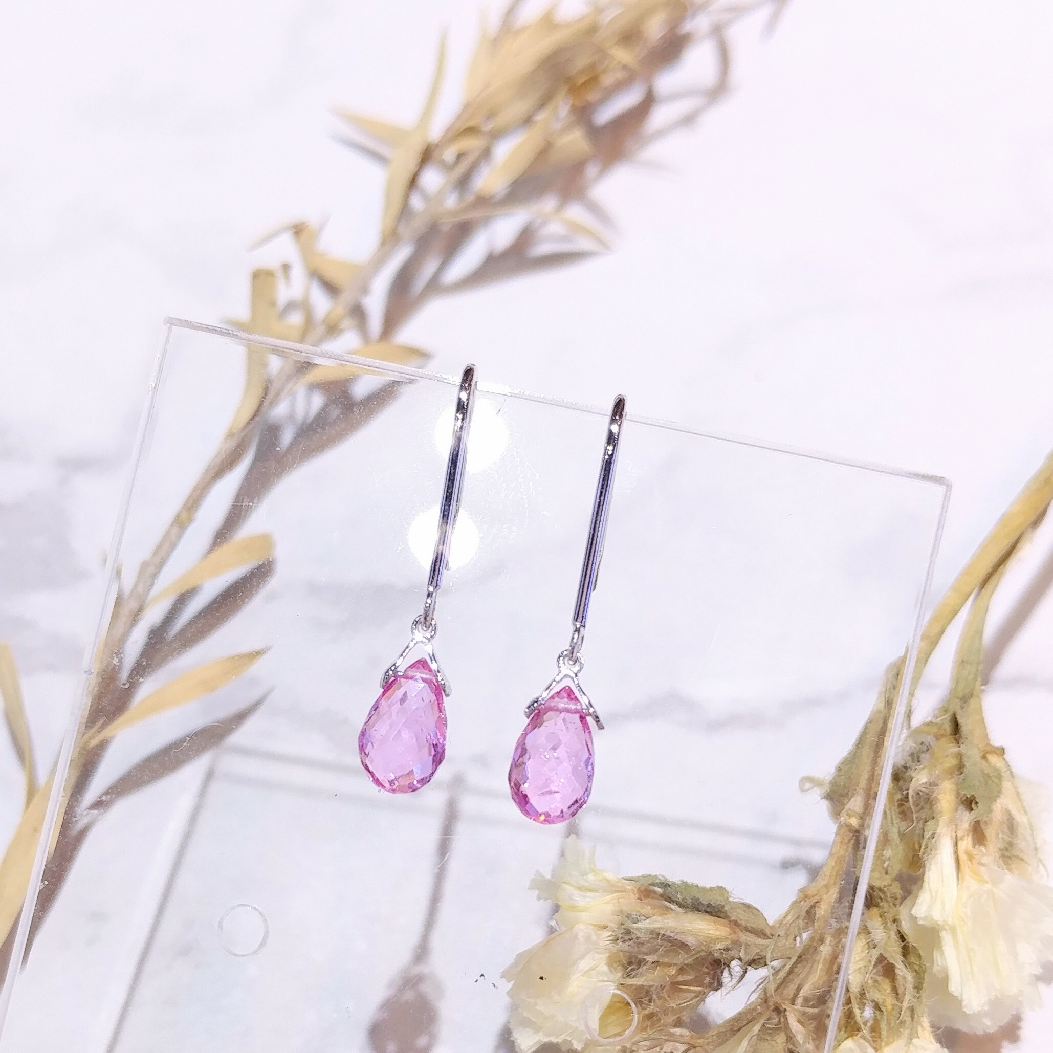 全新18K白金【主石1卡47份粉紅藍寶】吊耳環