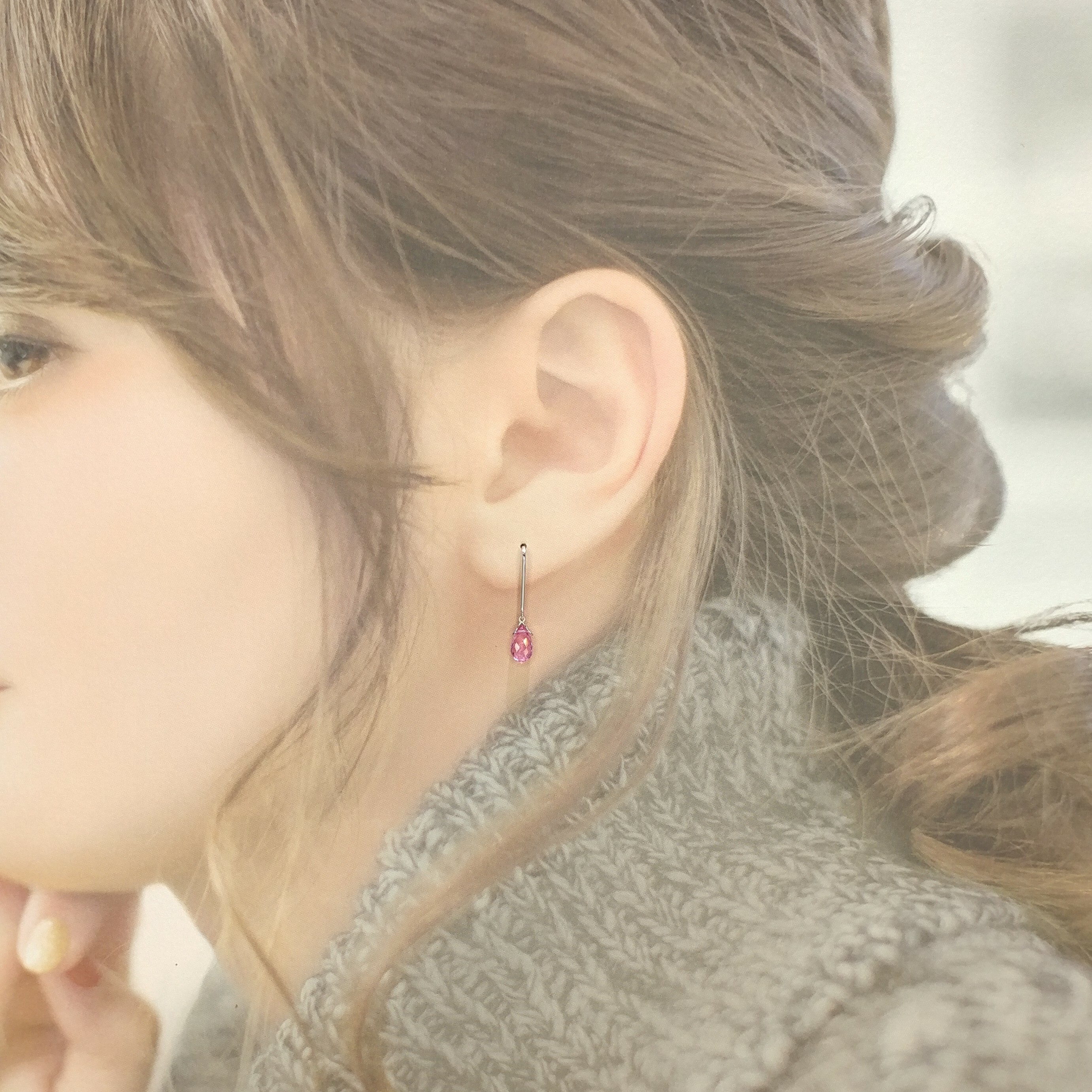全新18K白金【主石1卡47份粉紅藍寶】吊耳環