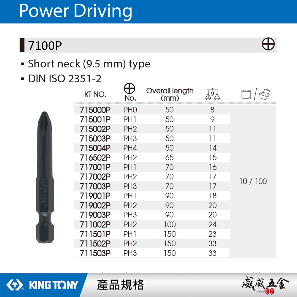 KING TONY 金統立｜1/4" 十字電動起子頭 長 50-150mm 十字頭 單頭起子頭｜7100P
