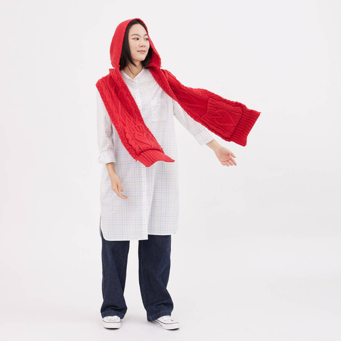 Milly麻花針織連帽口袋圍巾/ 紅色