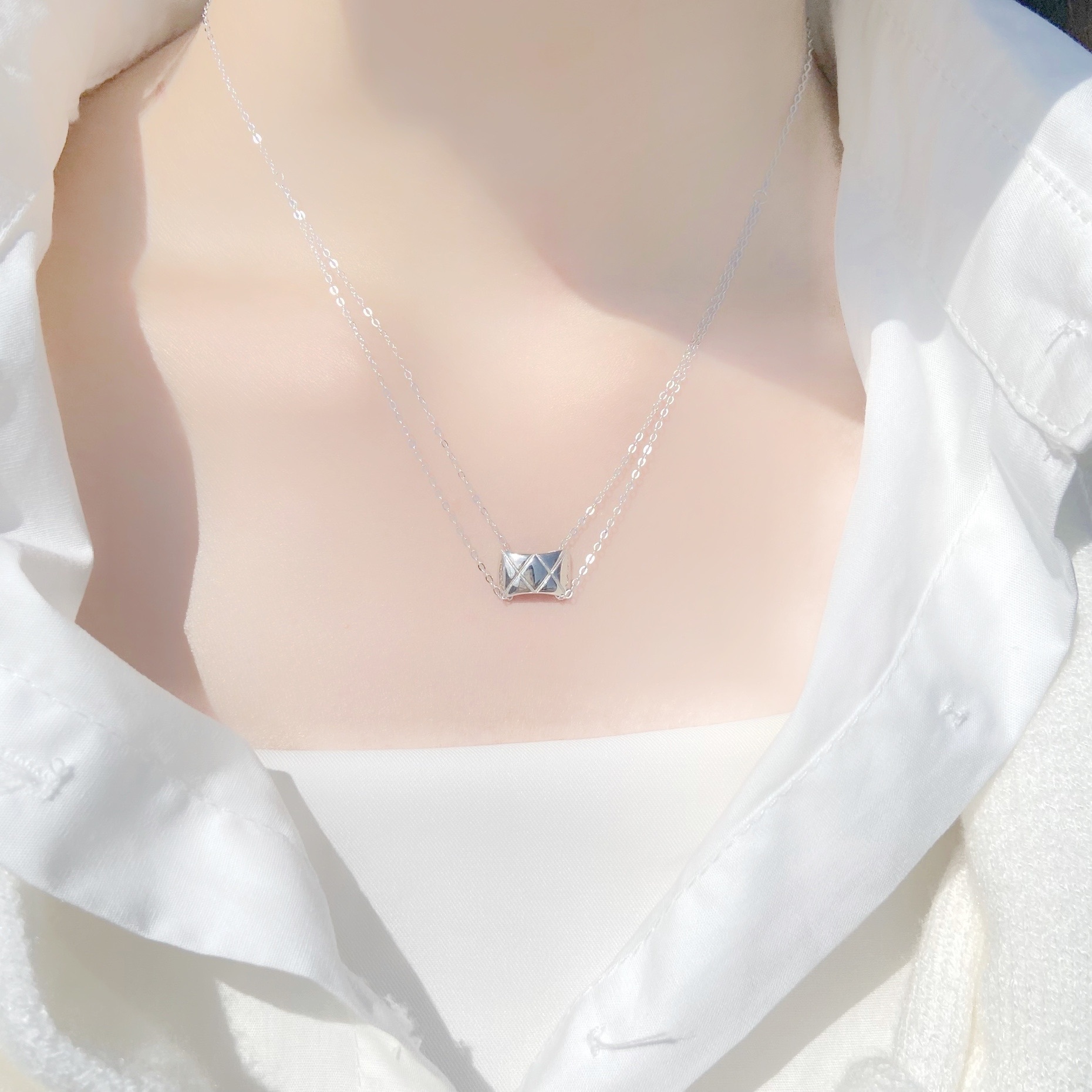 | 925純銀・白金・ 玫瑰金 | 菱格紋抱枕微雙層項鍊 (銀 / 玫瑰金) | NE0421 |