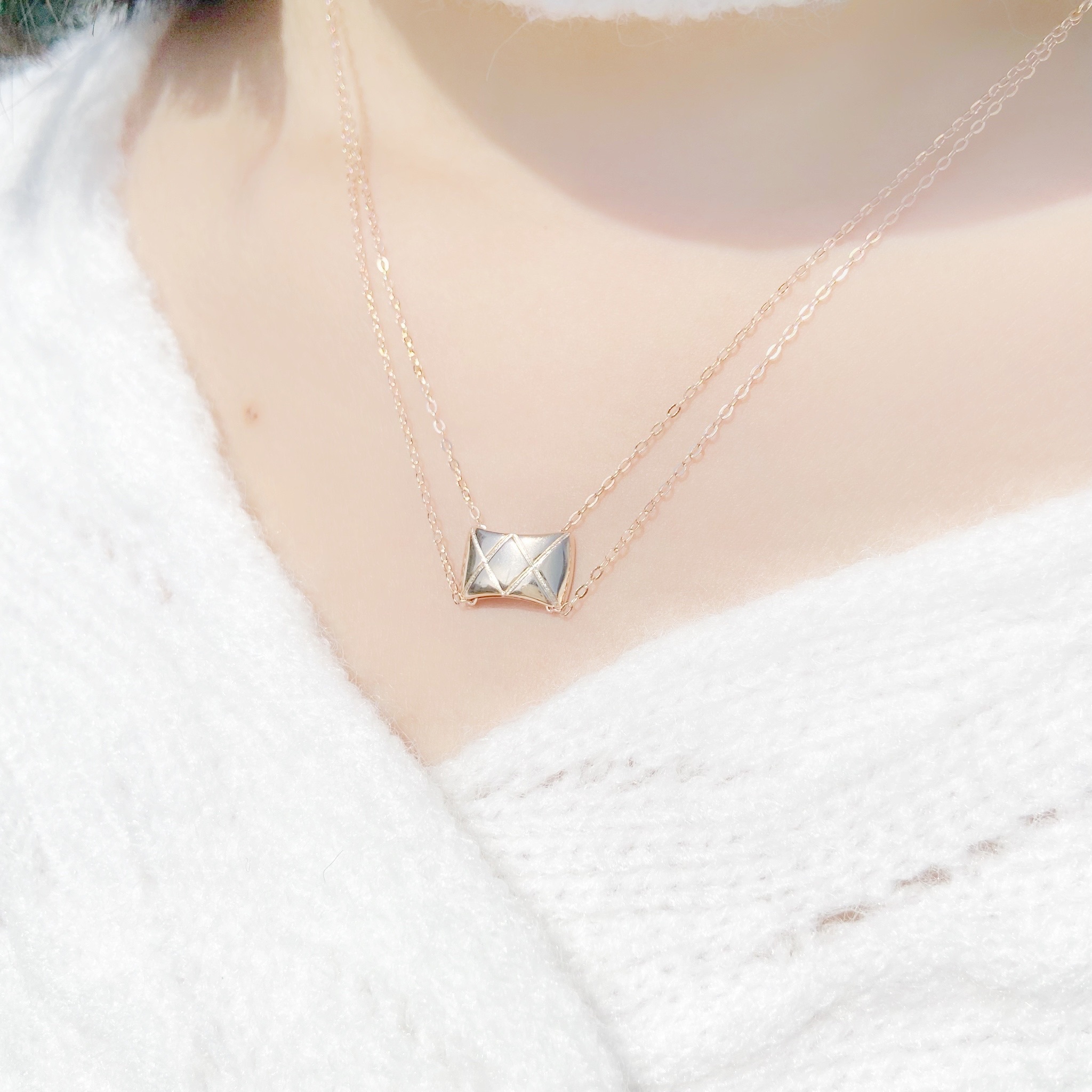 | 925純銀・白金・ 玫瑰金 | 菱格紋抱枕微雙層項鍊 (銀 / 玫瑰金) | NE0421 |