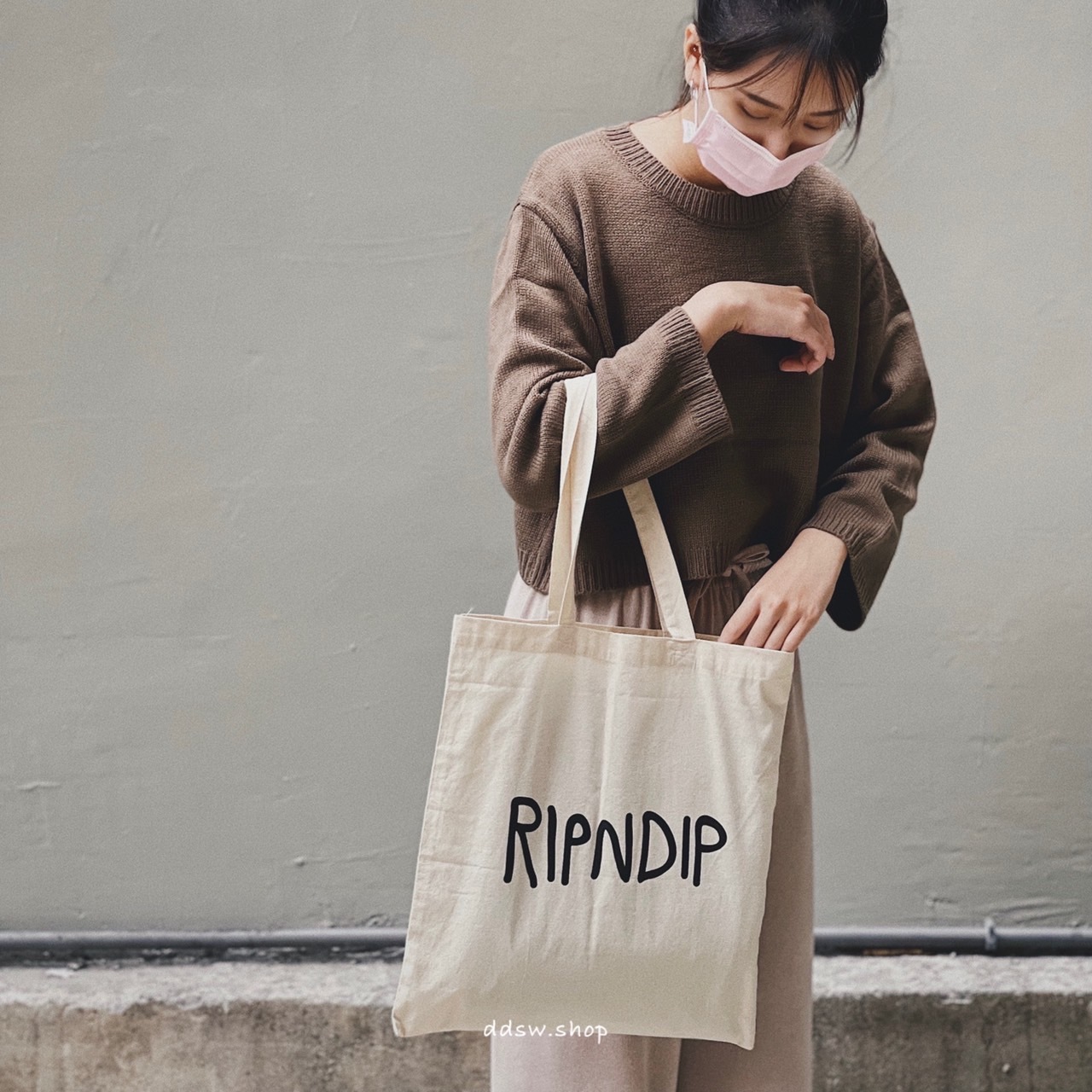 Ripndip 中指貓 帆布托特包 環保袋 米色