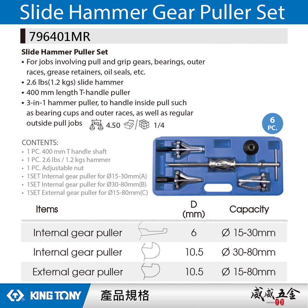KING TONY 金統立 台灣製｜內外孔軸承拔卸工具組  內外孔拉拔器 齒輪 軸承 車軸｜796401MR