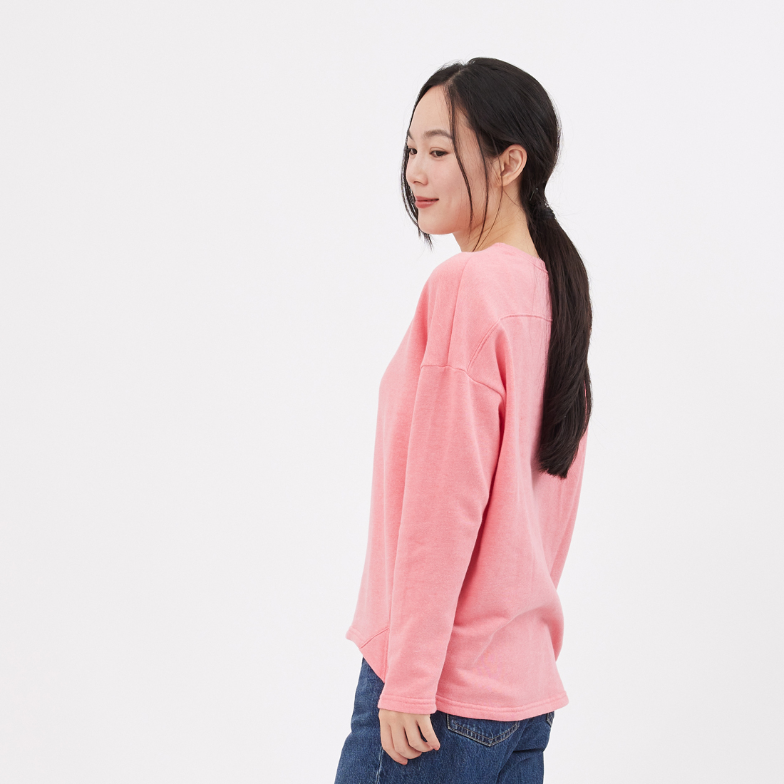 素面長袖寬版女T/莓果粉