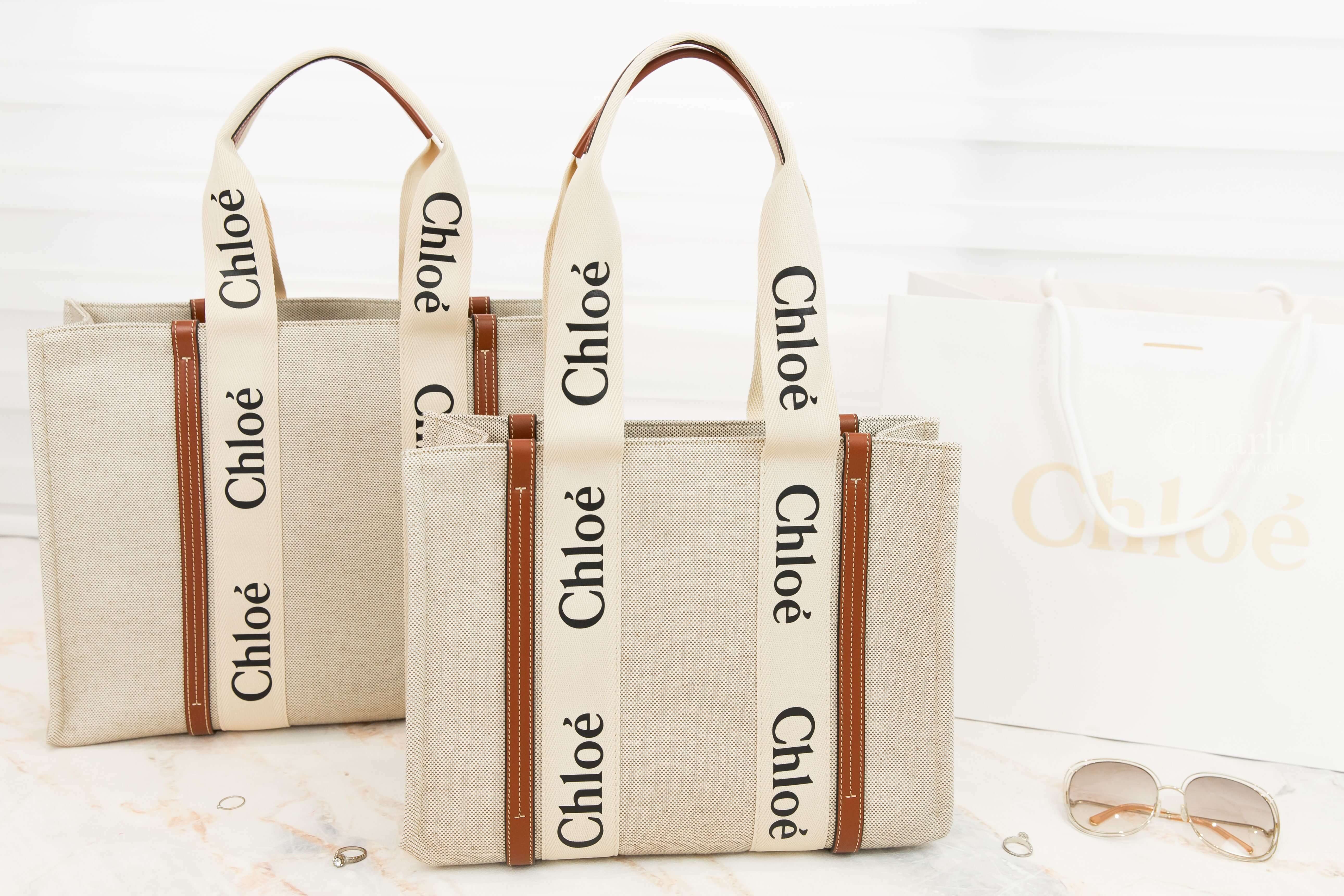 Chloe Large Woody Tote Bag 米白色帆布拼棕色皮革黑Logo大型提把托特包,Chloe Medium Woody Tote Bag 米白色帆布拼棕色皮革黑Logo中型提把托特包-Charline Boutique 精品代購
