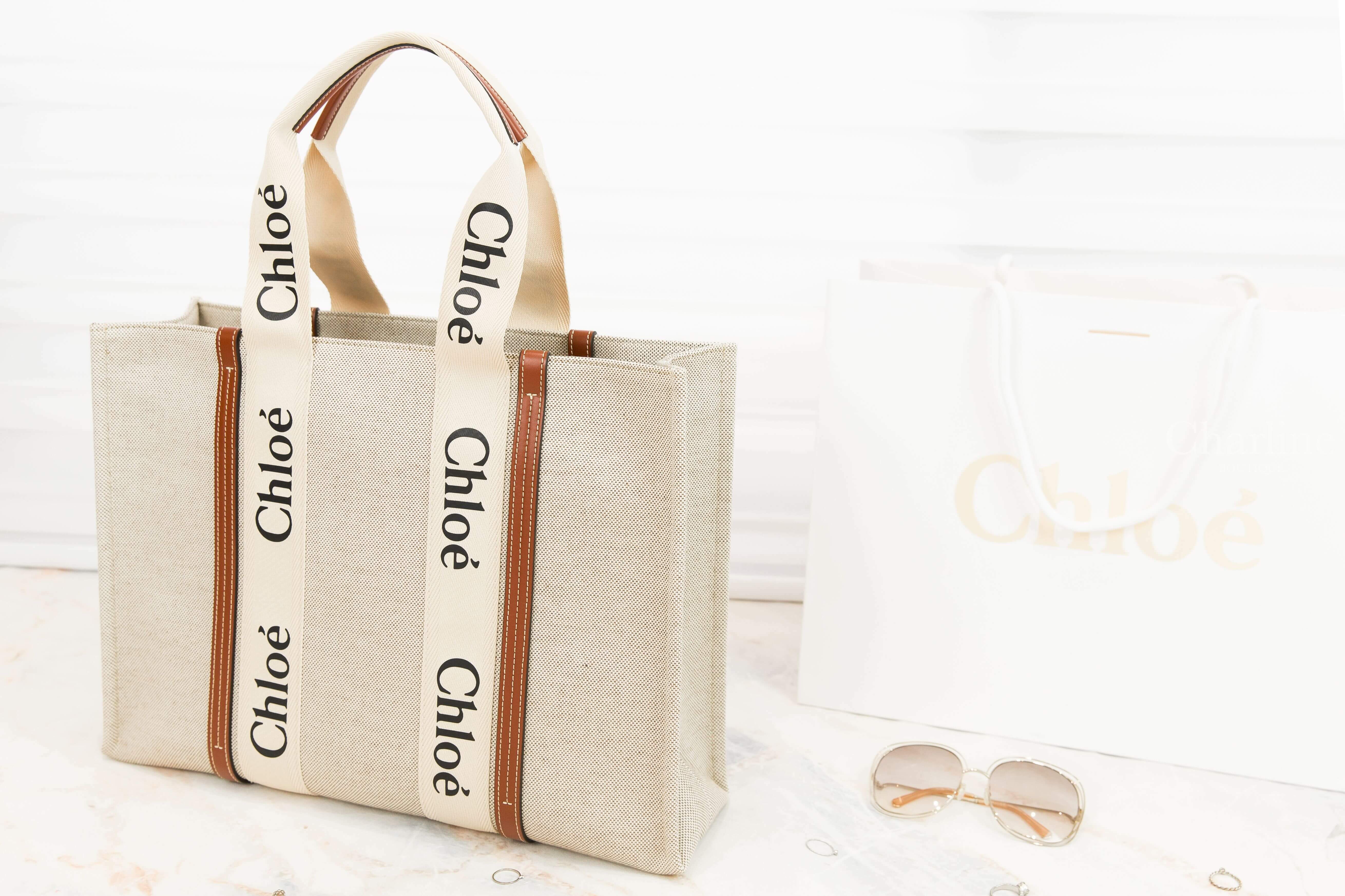 Chloe Large Woody Tote Bag 米白色帆布拼棕色皮革黑Logo大型提把托特包-Charline Boutique 精品代購