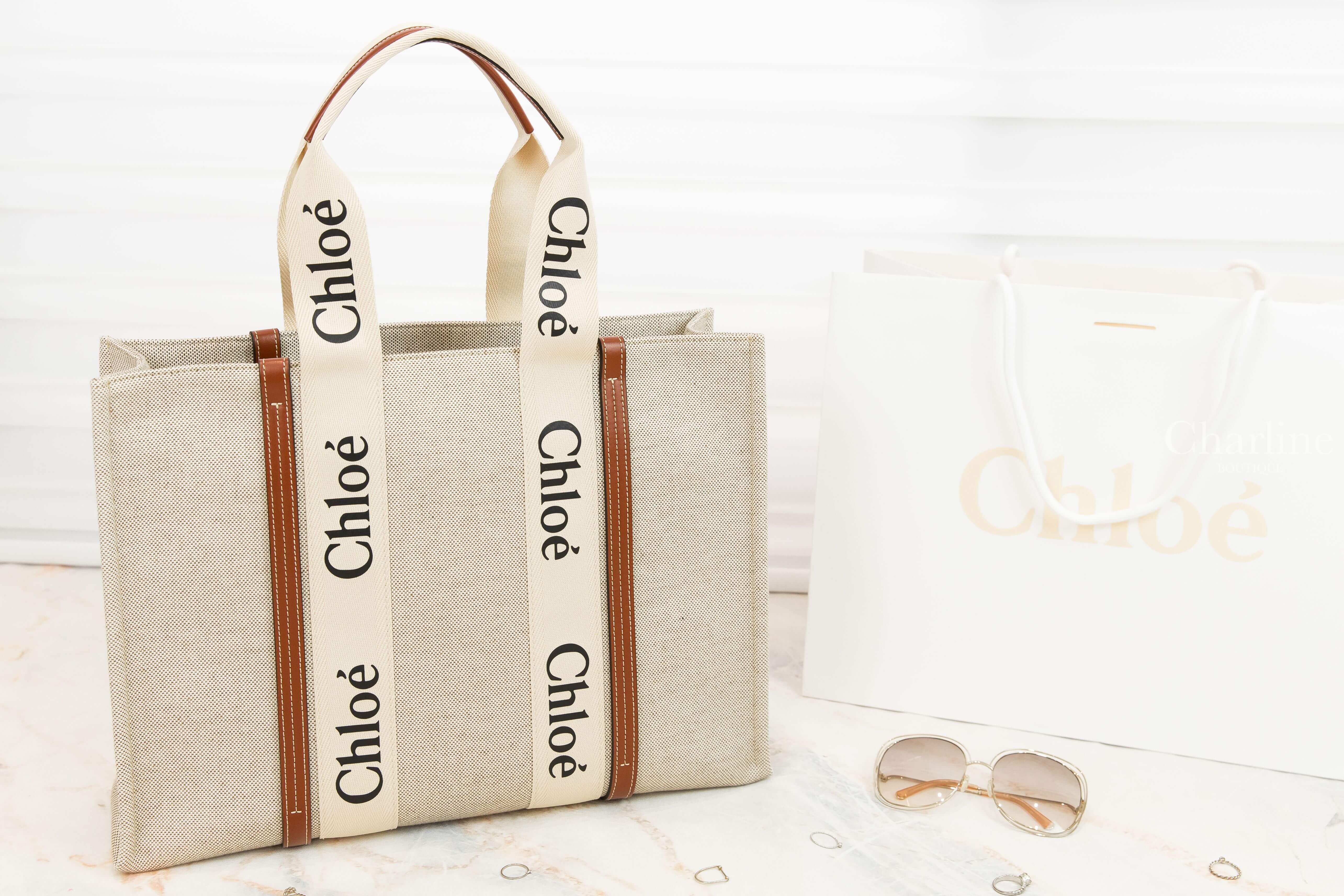 Chloe Large Woody Tote Bag 米白色帆布拼棕色皮革黑Logo大型提把托特包-Charline Boutique 精品代購