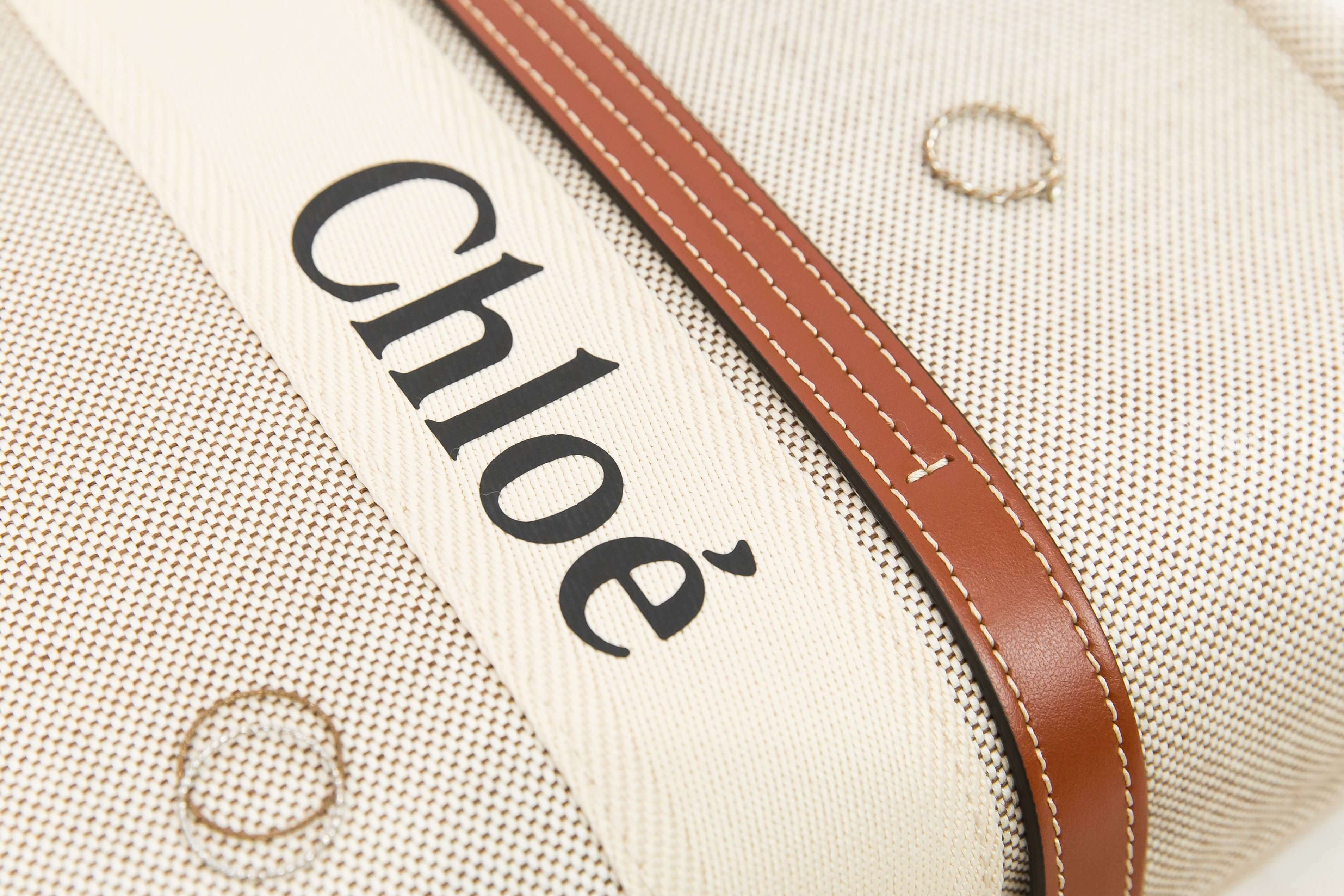 Chloe Large Woody Tote Bag 米白色帆布拼棕色皮革黑Logo大型提把托特包