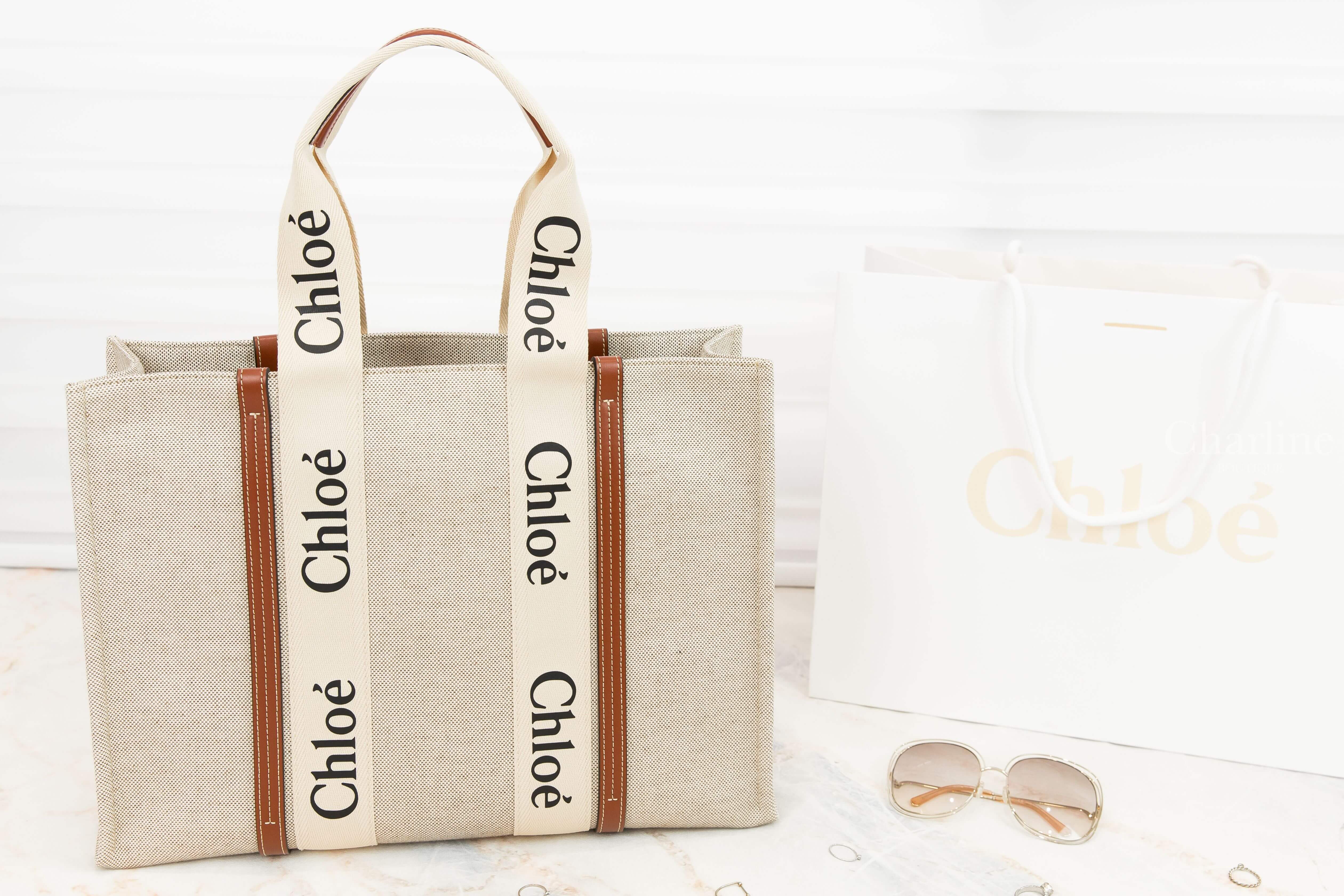 Chloe Large Woody Tote Bag 米白色帆布拼棕色皮革黑Logo大型提把托特包
