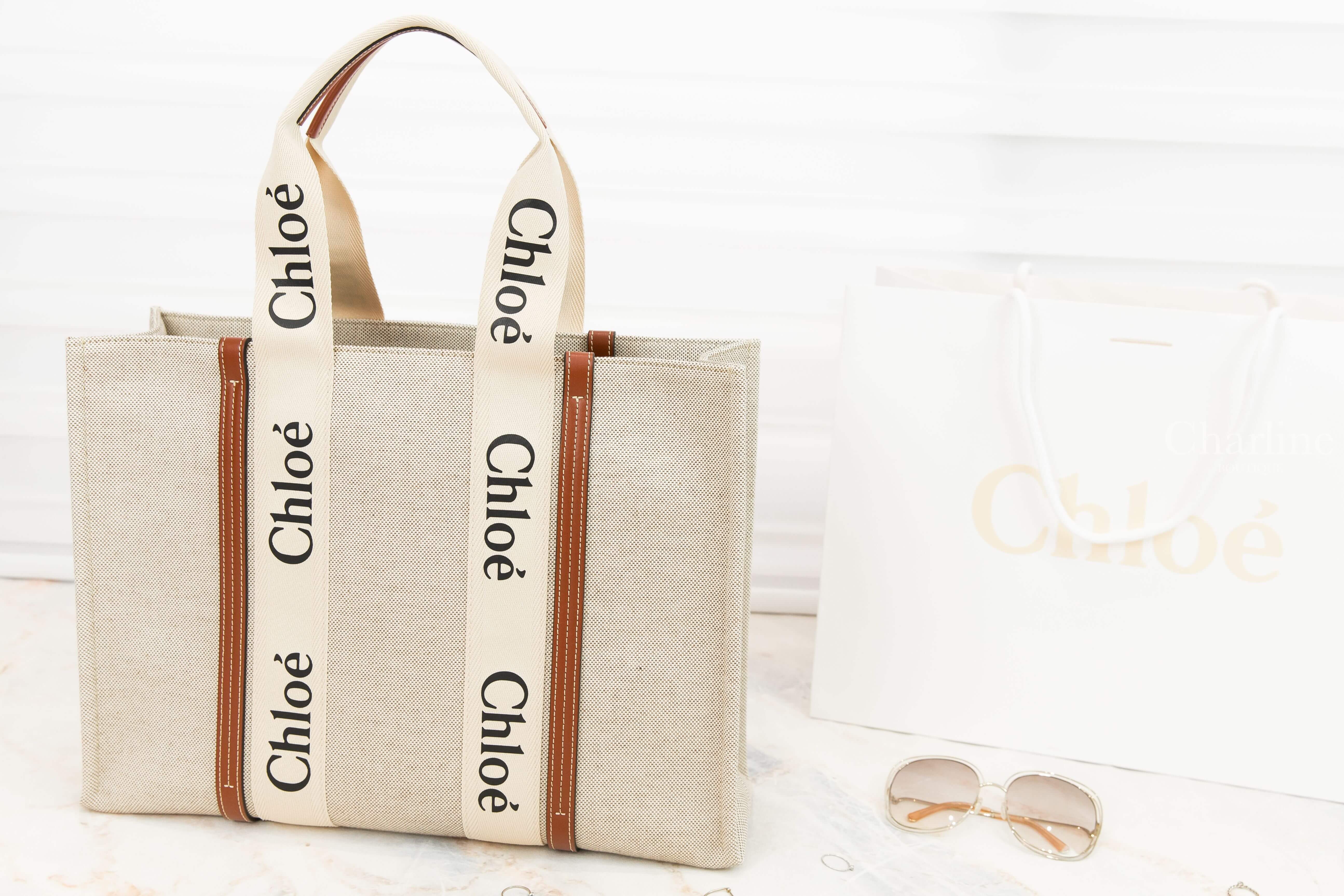 Chloe Large Woody Tote Bag 米白色帆布拼棕色皮革黑Logo大型提把托特包-Charline Boutique 精品代購