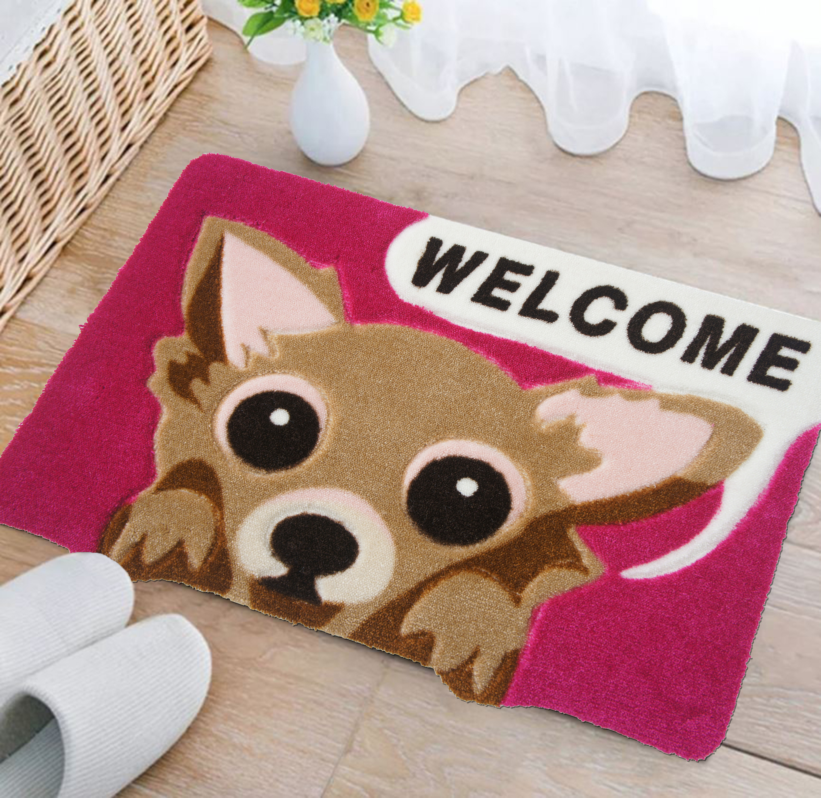可愛狗 萌犬造型加大防滑厚踏墊(42x67cm)-桃紅色