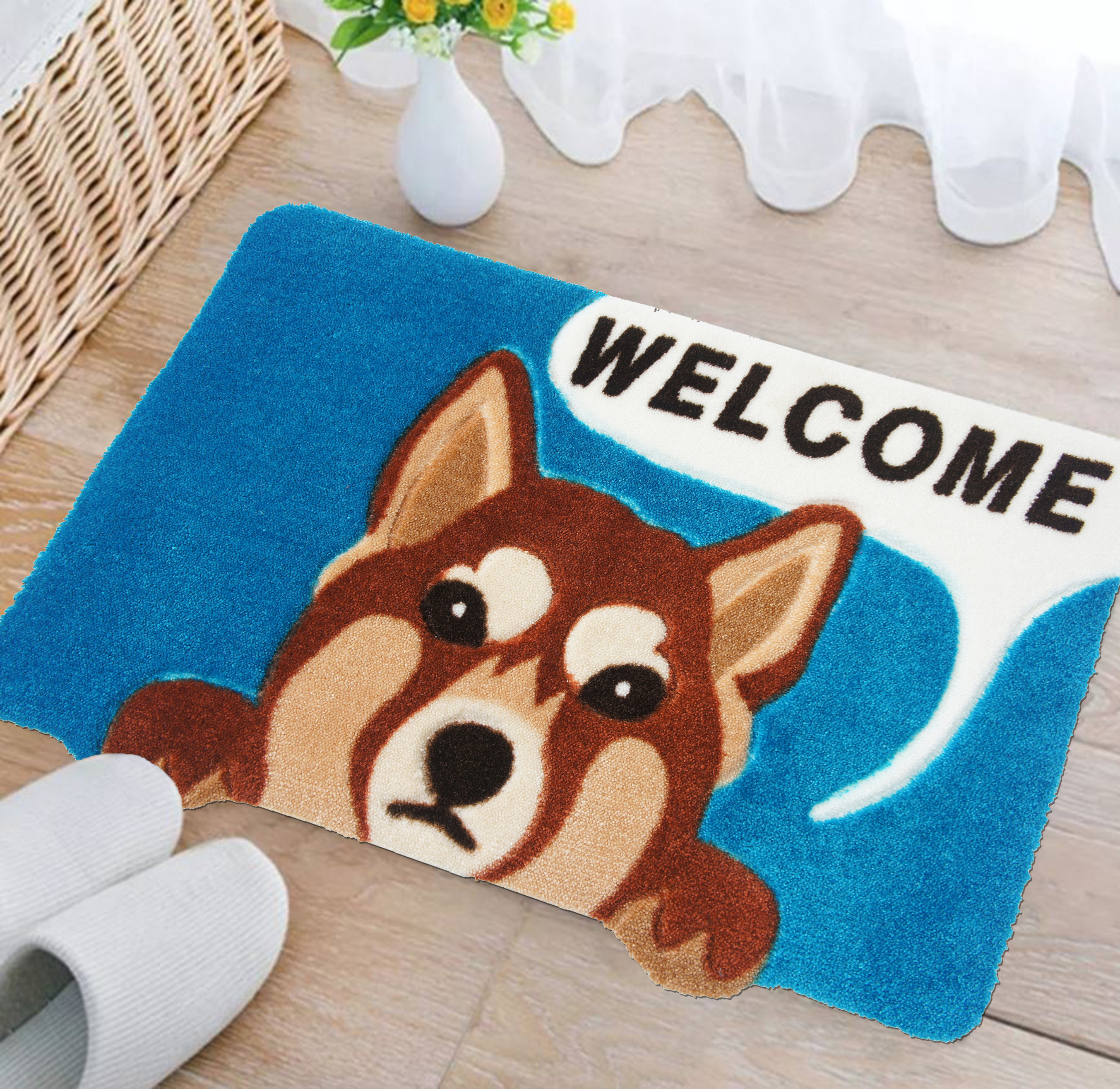 可愛狗 萌犬造型加大防滑厚踏墊(42x67cm)-藍色