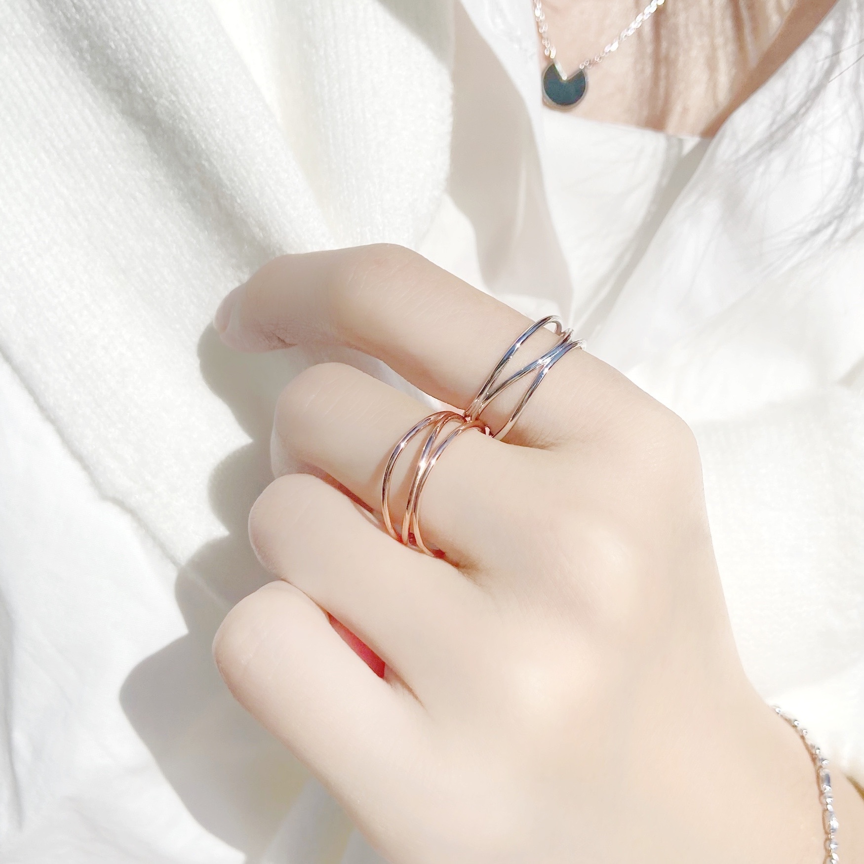 | 925純銀・ 白金・ 玫瑰金 | 不願世故三層戒指 （銀/玫瑰金）  | RI0345 |