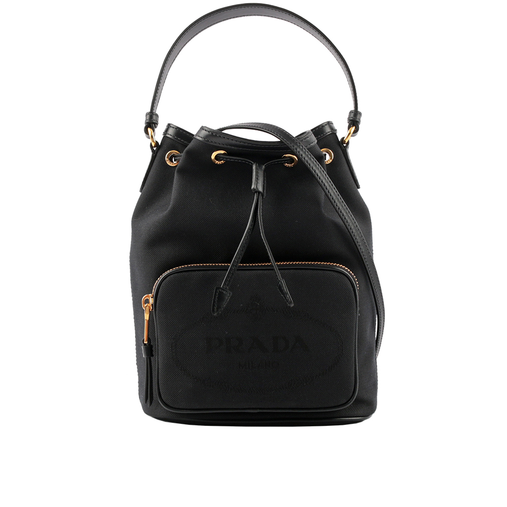 【Prada】刺繡Logo帆布拼皮革飾邊二用水桶包