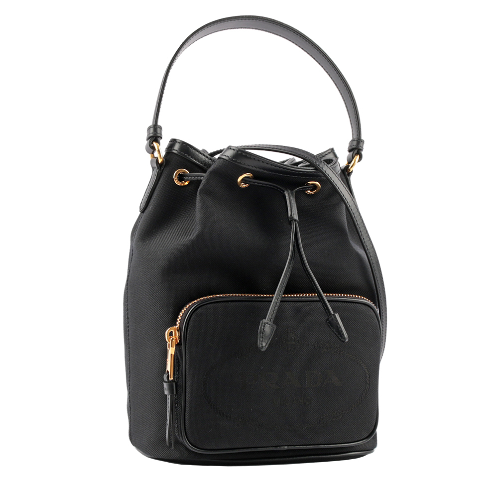 【Prada】刺繡Logo帆布拼皮革飾邊二用水桶包