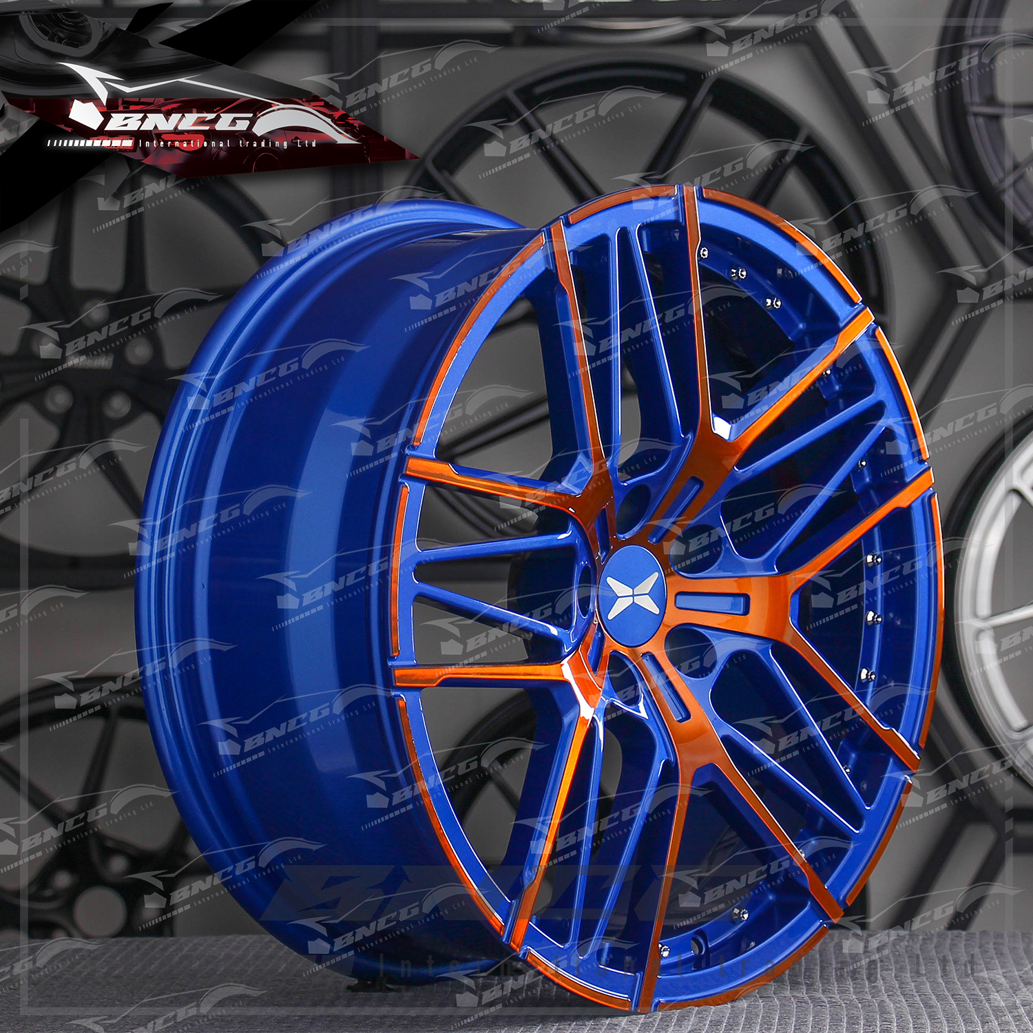 單片式 萬噸鍛造工藝輪圈 藍橘套色工藝 品牌訂製鋁圈 改裝 高強度 輕量化 客製化 訂製鋁圈