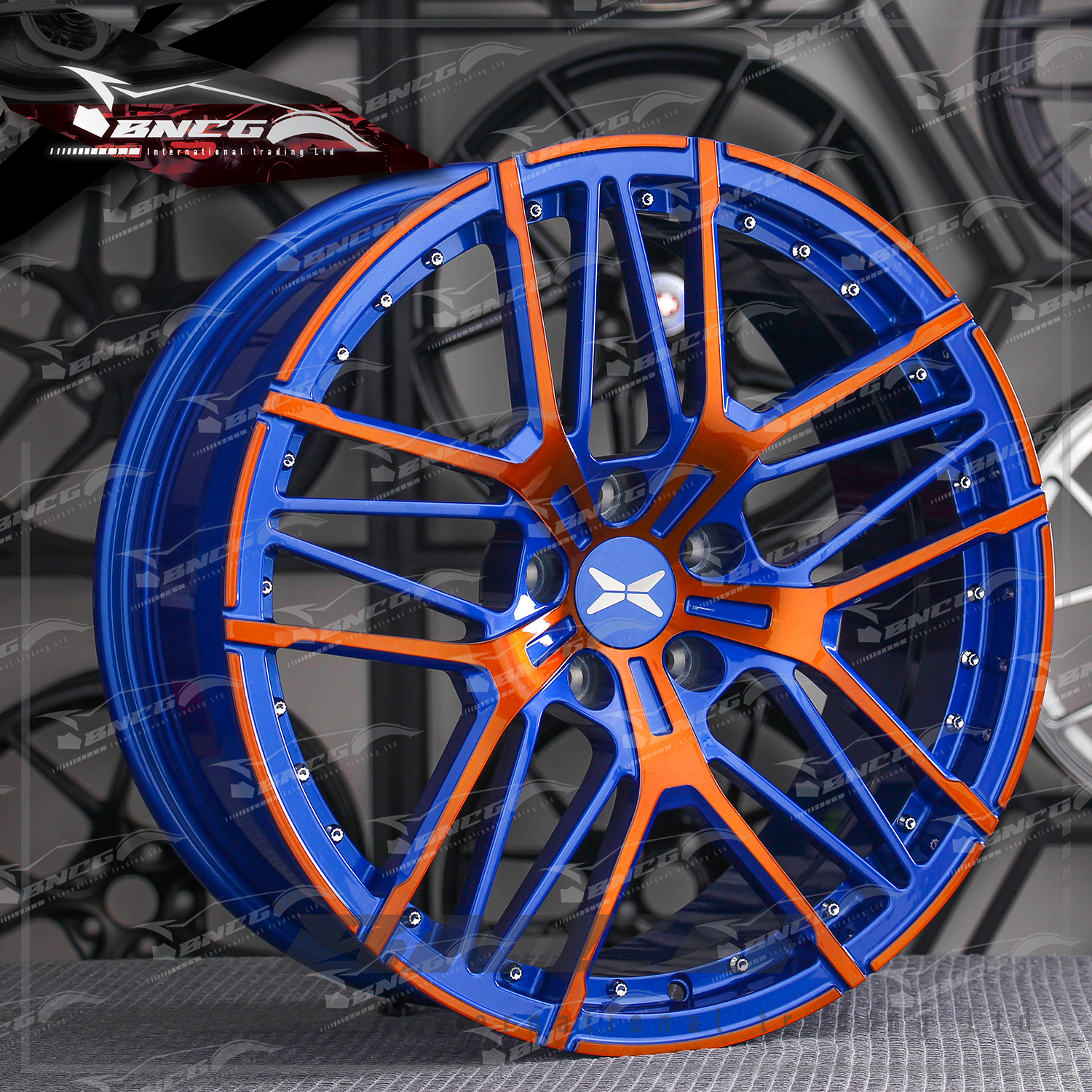 單片式 萬噸鍛造工藝輪圈 藍橘套色工藝 品牌訂製鋁圈 改裝 高強度 輕量化 客製化 訂製鋁圈