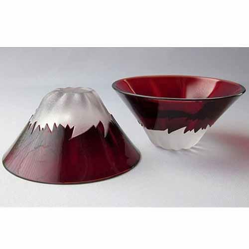 日式彫刻硝子富士山祝盃玻璃杯(紅色) (木盒裝) (日本製)