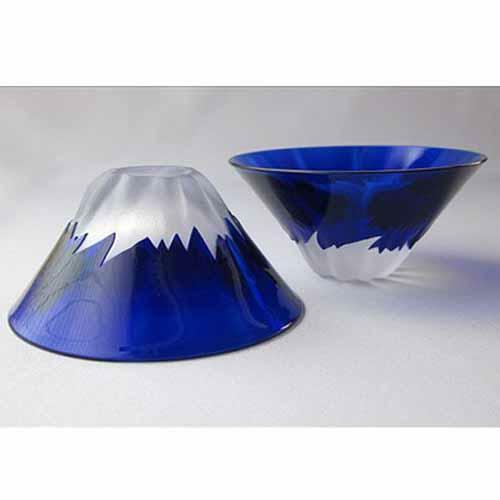 日式雕刻硝子富士山祝盃玻璃杯(藍色) (木盒裝) (日本製)