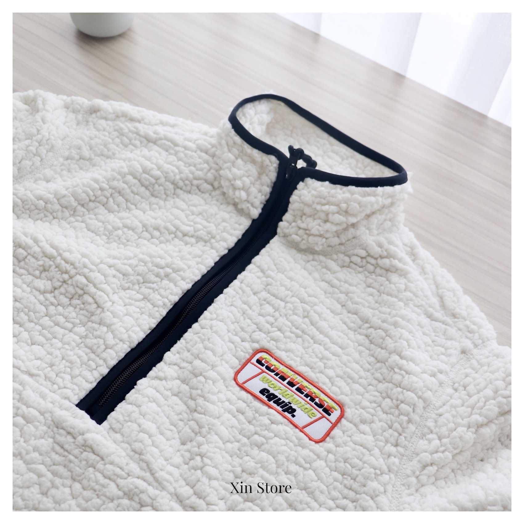 【現貨】Converse Half Zip Sherpa 絨毛 羊羔絨 刺繡 貼布 半開襟 網眼 黑 白