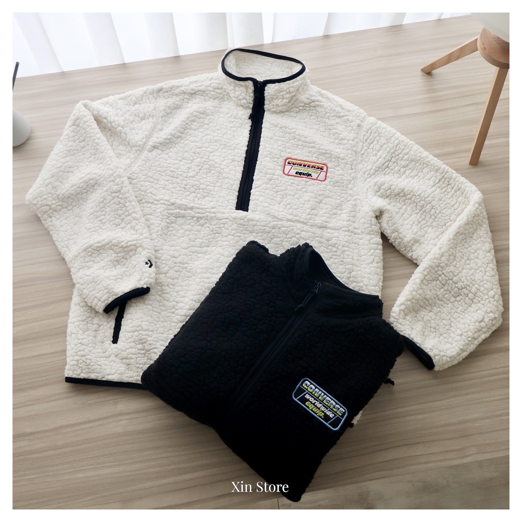 【現貨】Converse Half Zip Sherpa 絨毛 羊羔絨 刺繡 貼布 半開襟 網眼 黑 白