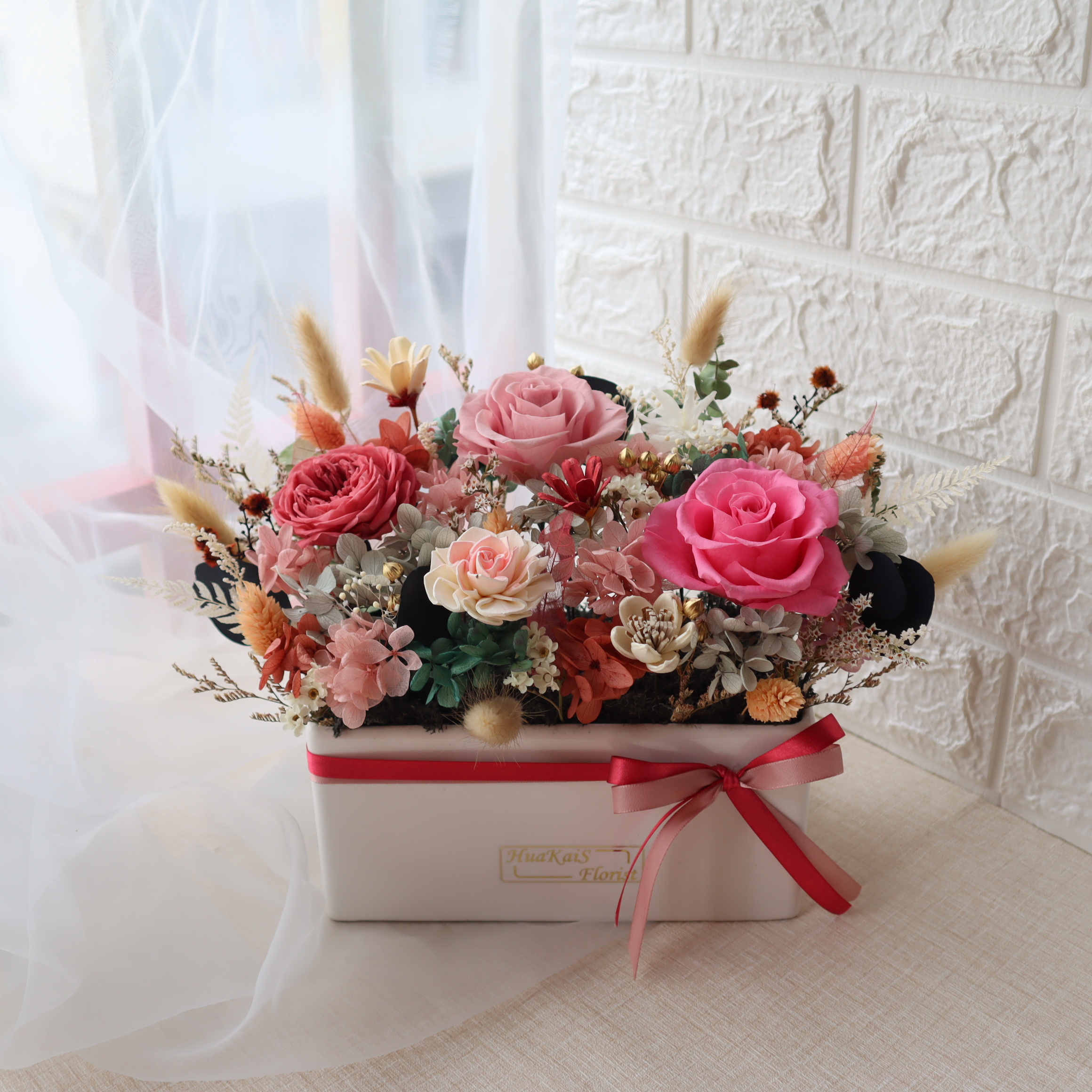 永生桌花-牛奶紅|情人節花禮|開幕賀禮|喬遷花禮