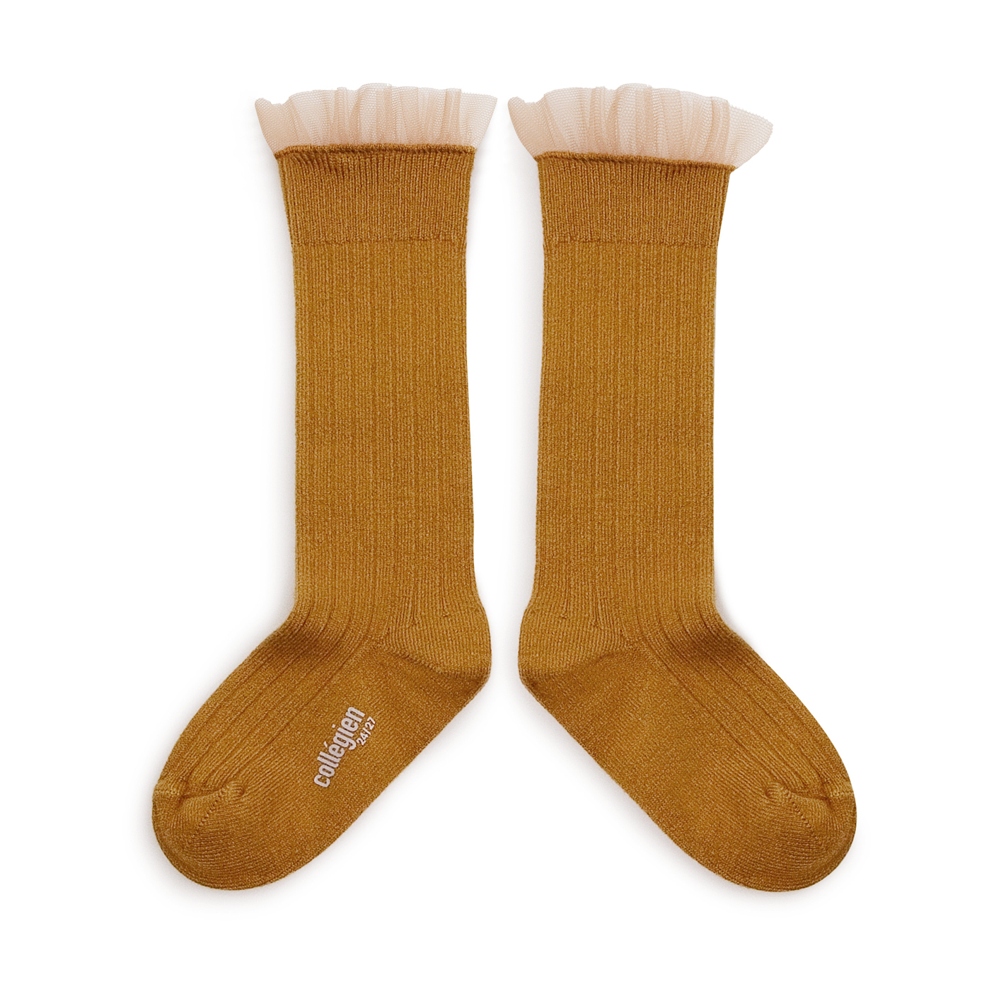 COLLÉGIEN - Manon Tulle Frill Ribbed Knee-high Socks（Moutarde de Dijon）