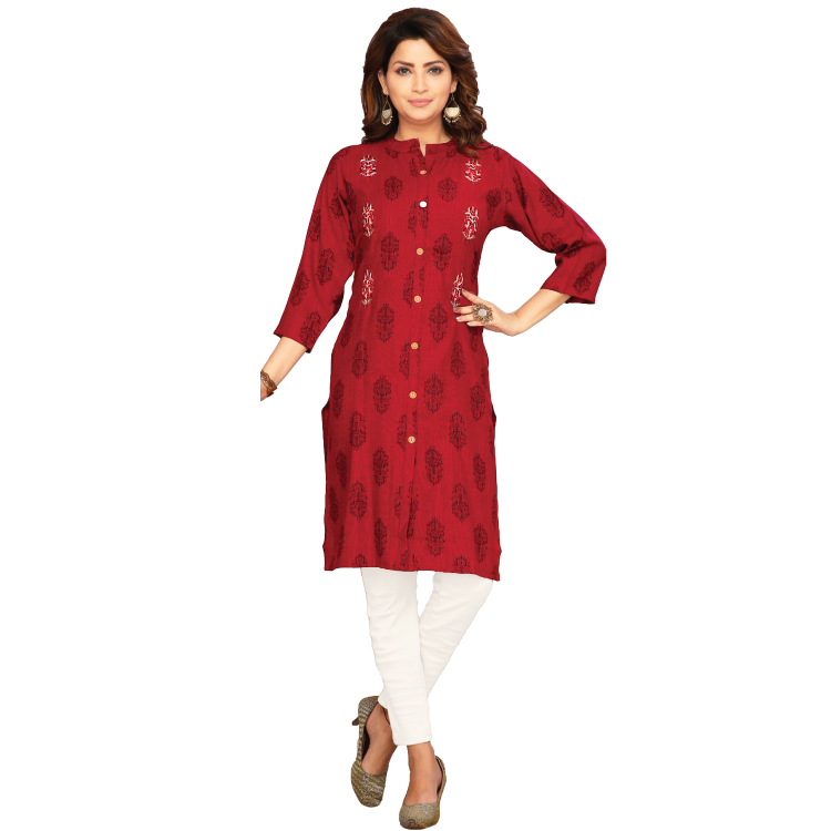 Women Red Printed Comfy Rayon Hand Washable Kurti Top Jippa Q1308