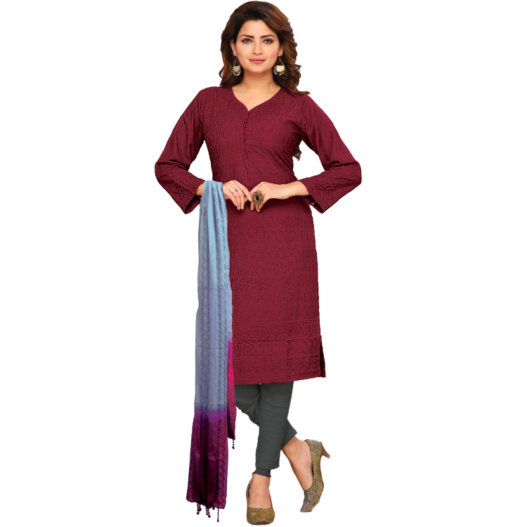 Women Maroon Chikan Embroidered Easy Care Top Set With Legging And Dupatta Q1311