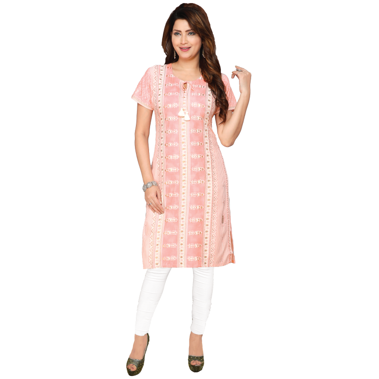Women Peach Polyester Easy Care hand Washable Short Sleeves Kurti Long Top Jippa Q1314