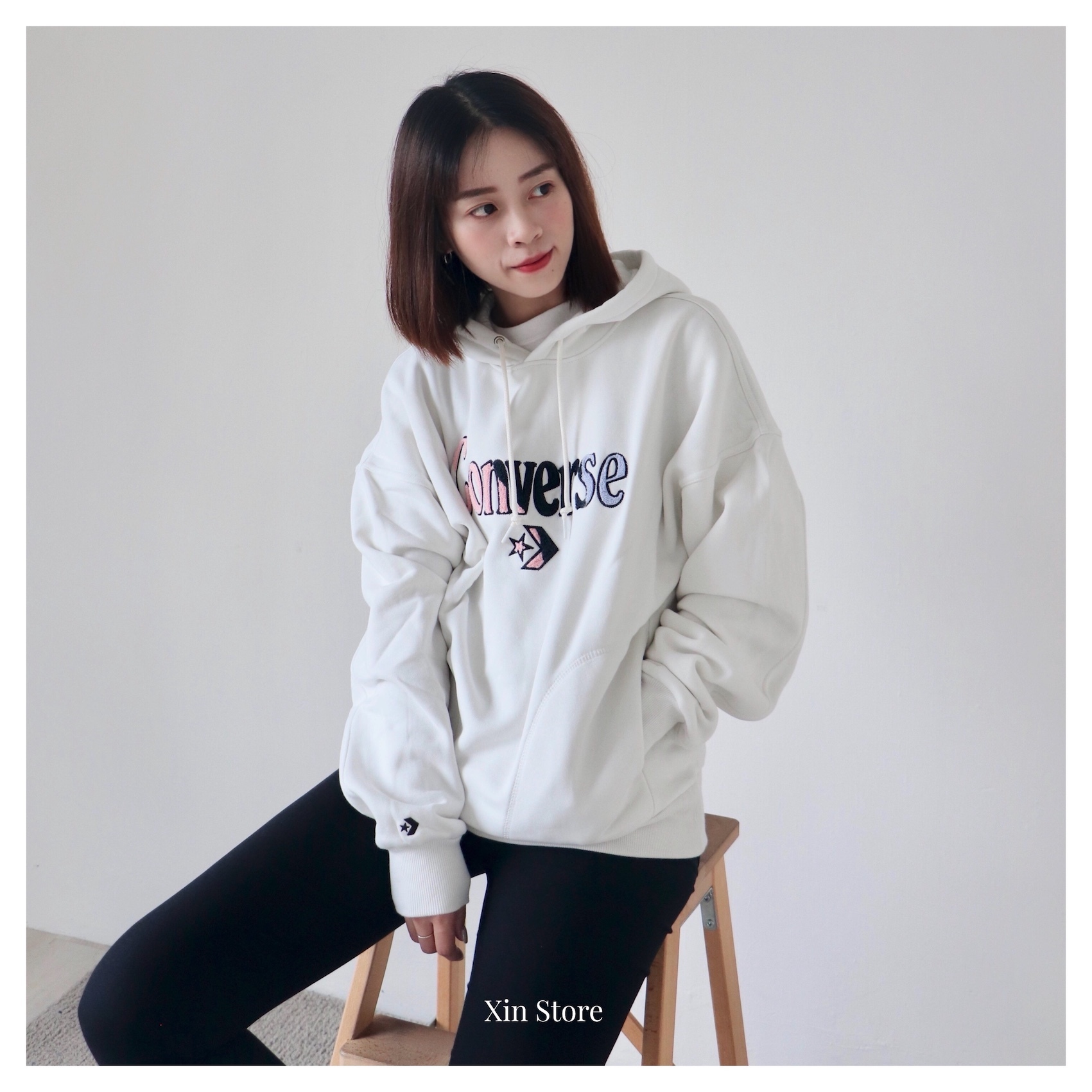 Converse Hoodie 彩色 刺繡 文字 Logo 落肩 寬鬆 帽T 女款 黑 白