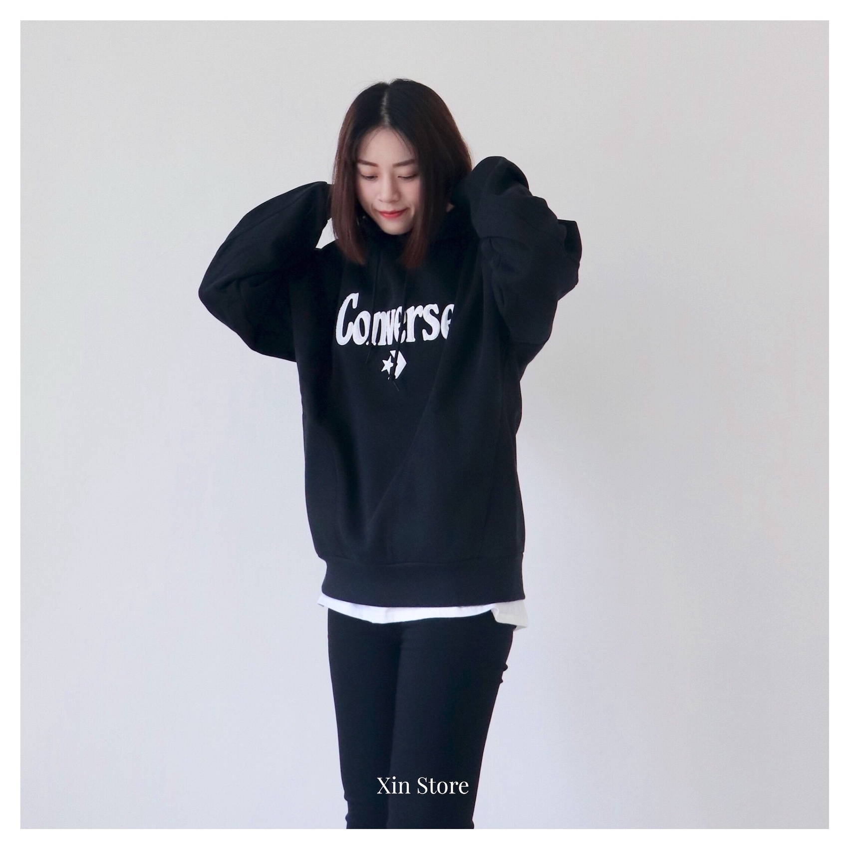 Converse Hoodie 彩色 刺繡 文字 Logo 落肩 寬鬆 帽T 女款 黑 白