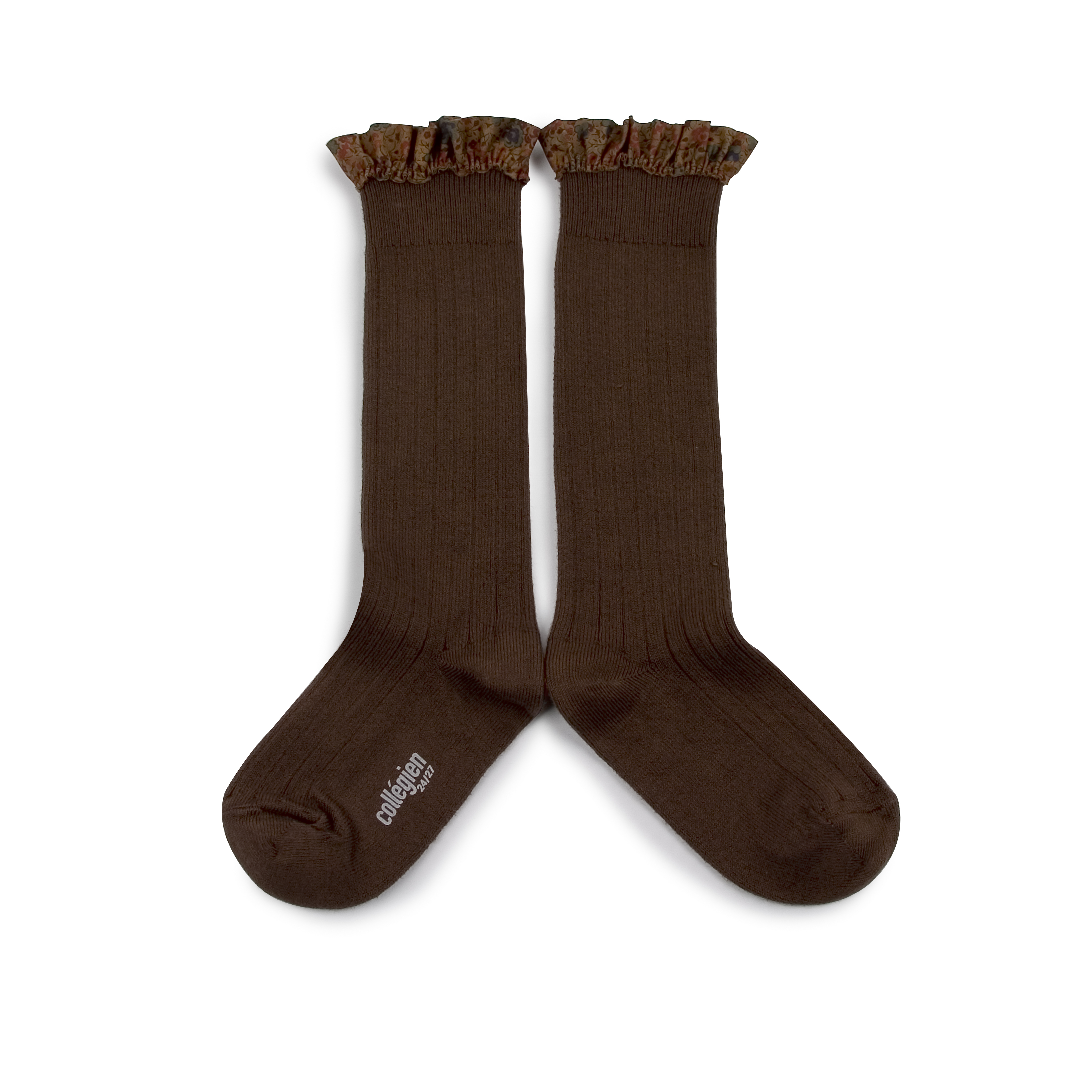 COLLÉGIEN - Elisabeth Liberty Ruffle Ribbed Knee-high Socks（Chocolat au lait）