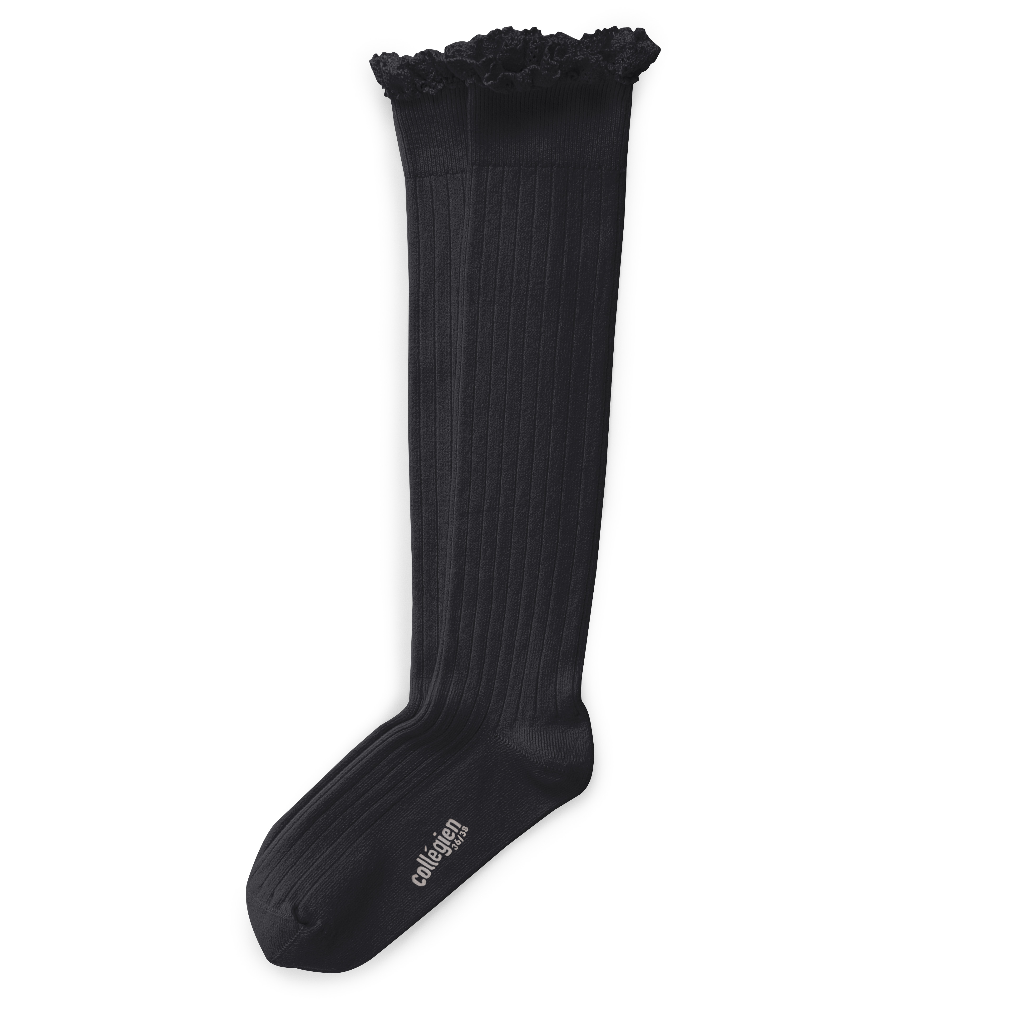 COLLÉGIEN - Josephine Lace Trim Ribbed Knee-high Socks（Noir de Charbon）