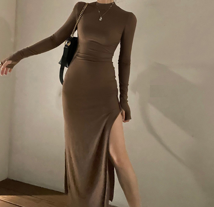 側開衩 性感修身洋裝(黑/咖)