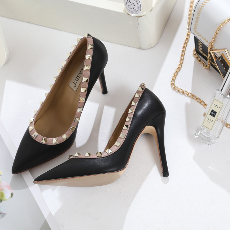 鉚釘真皮尖頭跟鞋(多色)(34-40)